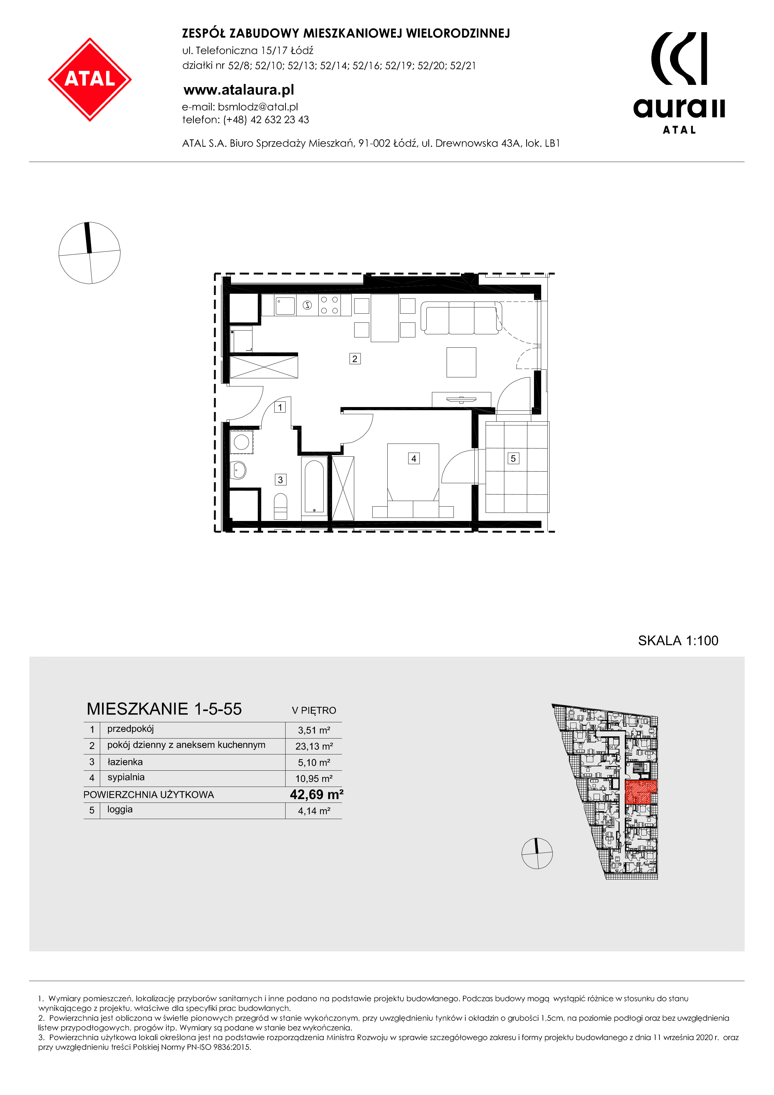 Mieszkanie 42,69 m², piętro 5, oferta nr 1-5-55, ATAL Aura II, Łódź, Bałuty, ul. Telefoniczna 15/17-idx