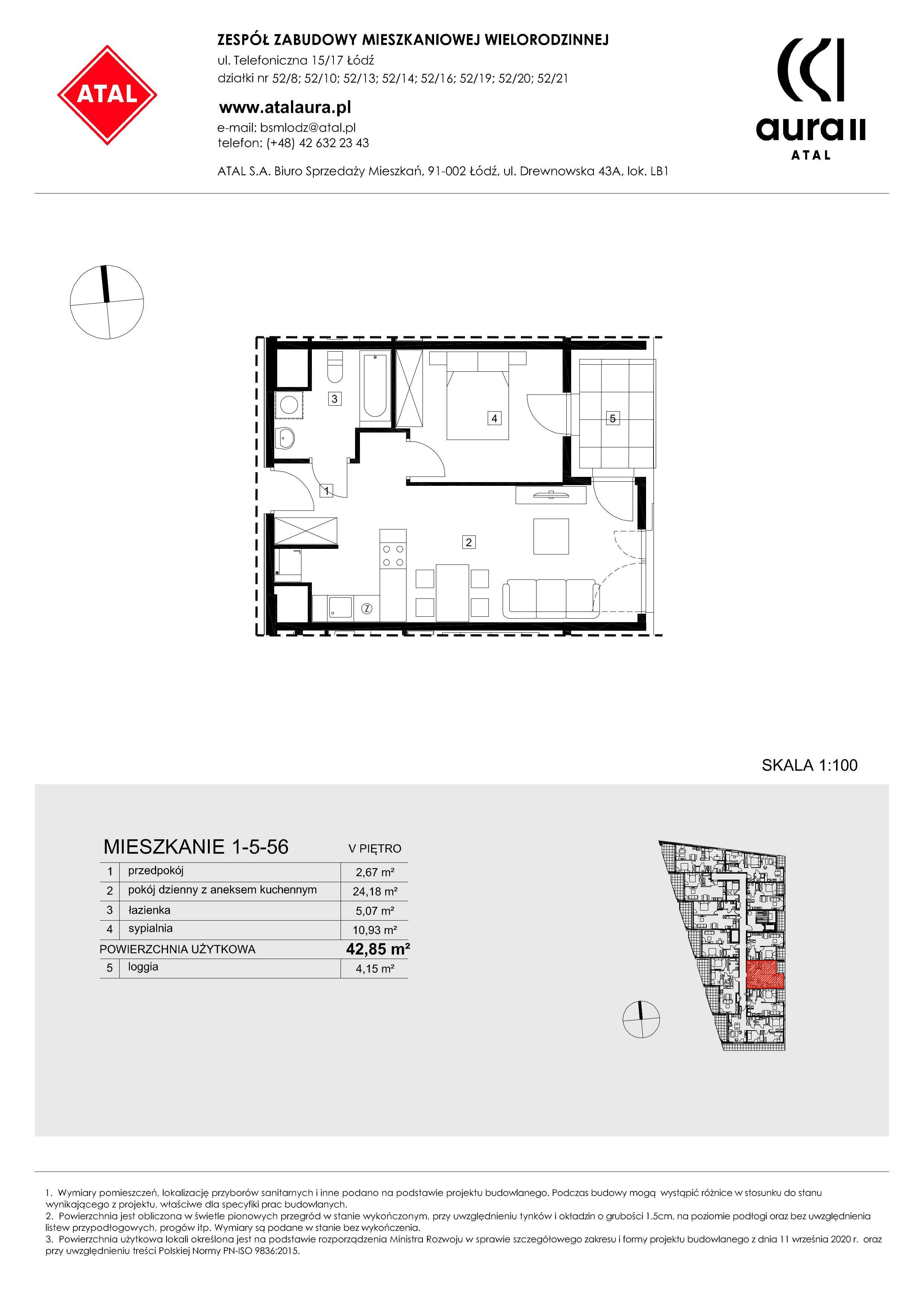 Mieszkanie 42,85 m², piętro 5, oferta nr 1-5-56, ATAL Aura II, Łódź, Bałuty, ul. Telefoniczna 15/17-idx