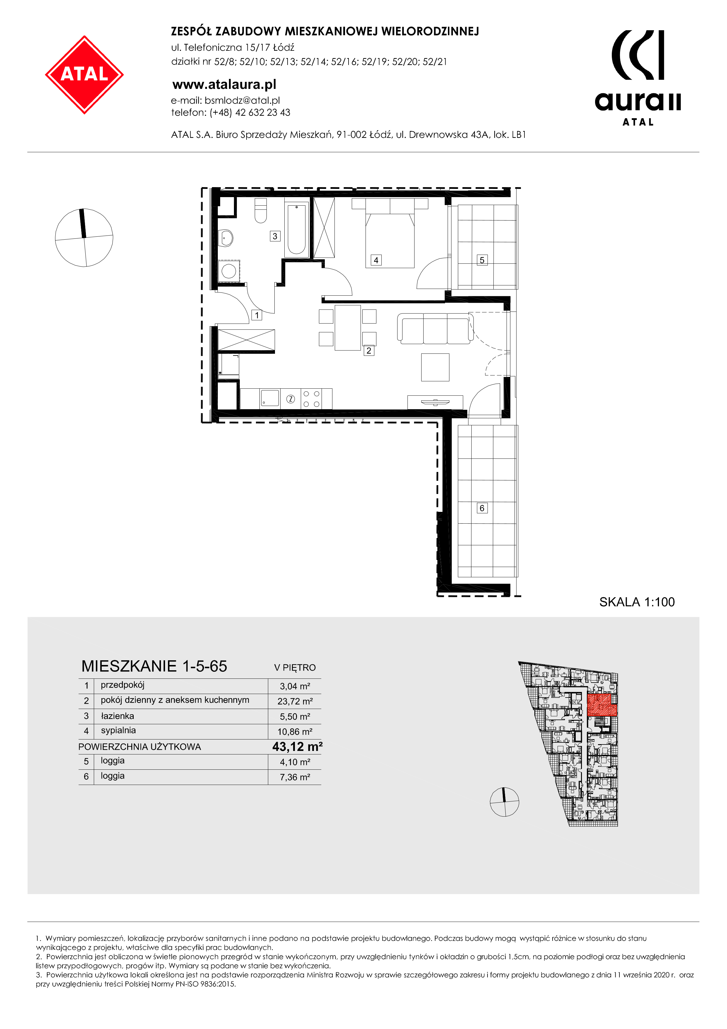 Mieszkanie 43,12 m², piętro 5, oferta nr 1-5-65, ATAL Aura II, Łódź, Bałuty, ul. Telefoniczna 15/17-idx