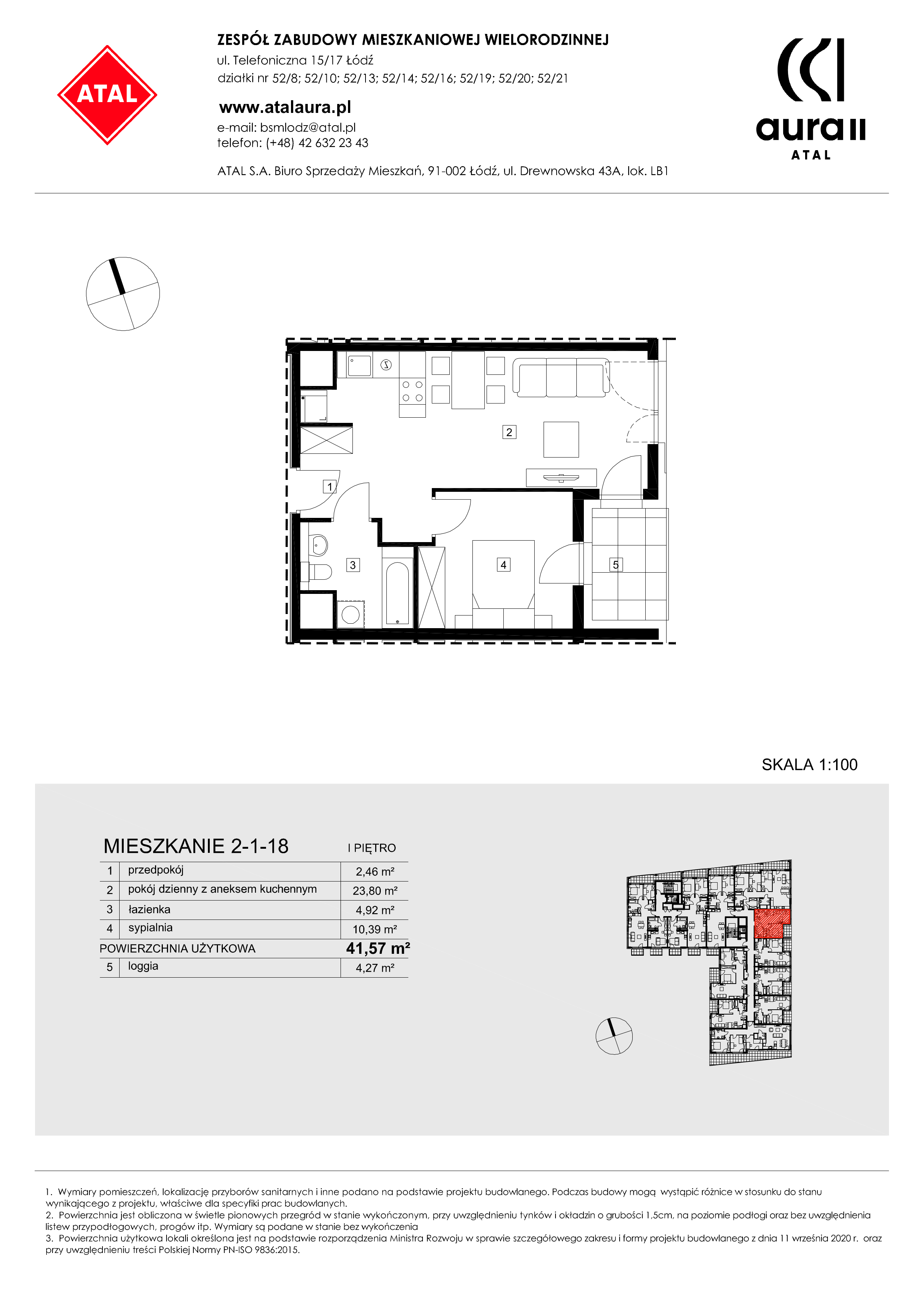 Mieszkanie 41,57 m², piętro 1, oferta nr 2-1-18, ATAL Aura II, Łódź, Bałuty, ul. Telefoniczna 15/17-idx