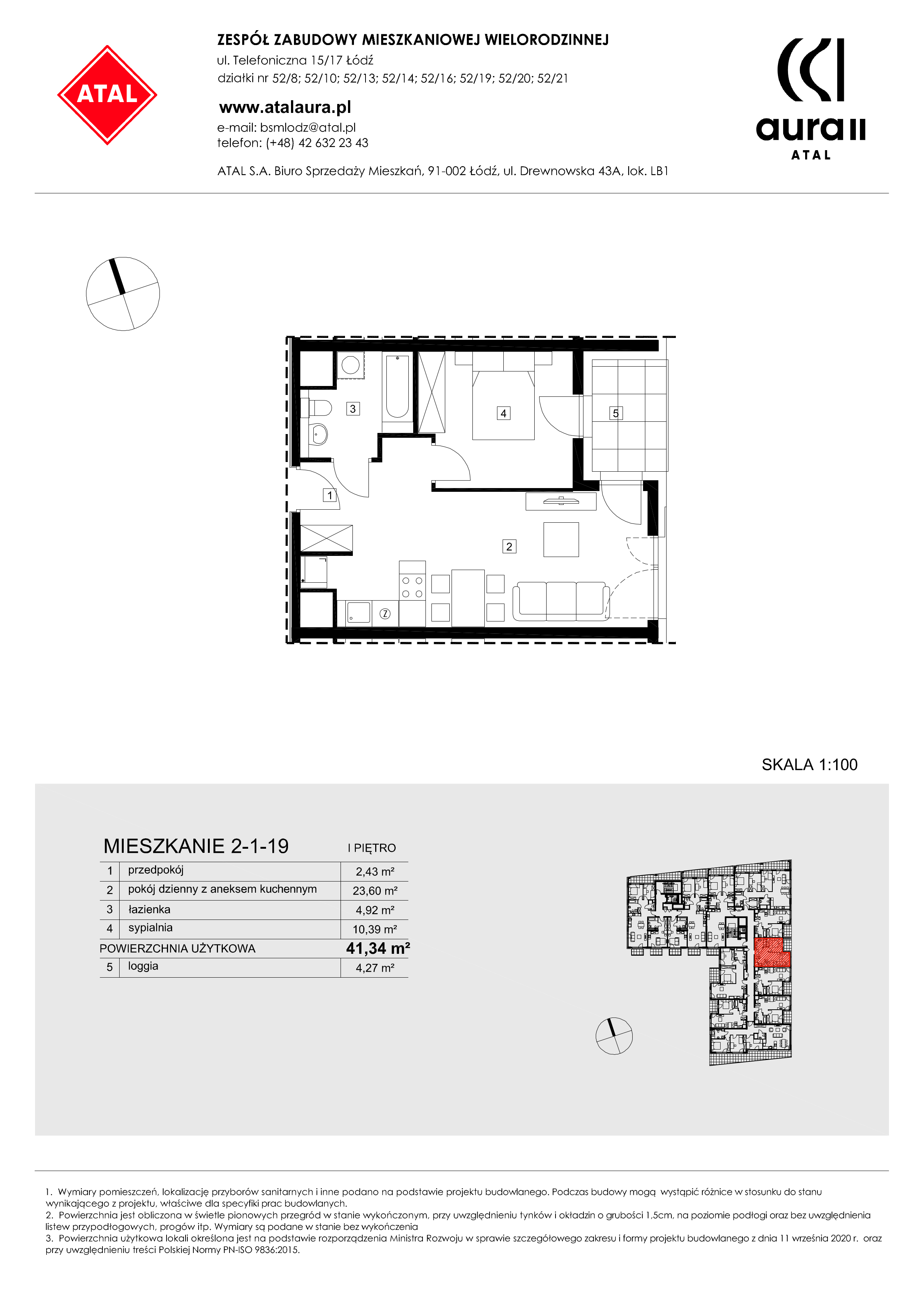 Mieszkanie 41,34 m², piętro 1, oferta nr 2-1-19, ATAL Aura II, Łódź, Bałuty, ul. Telefoniczna 15/17-idx