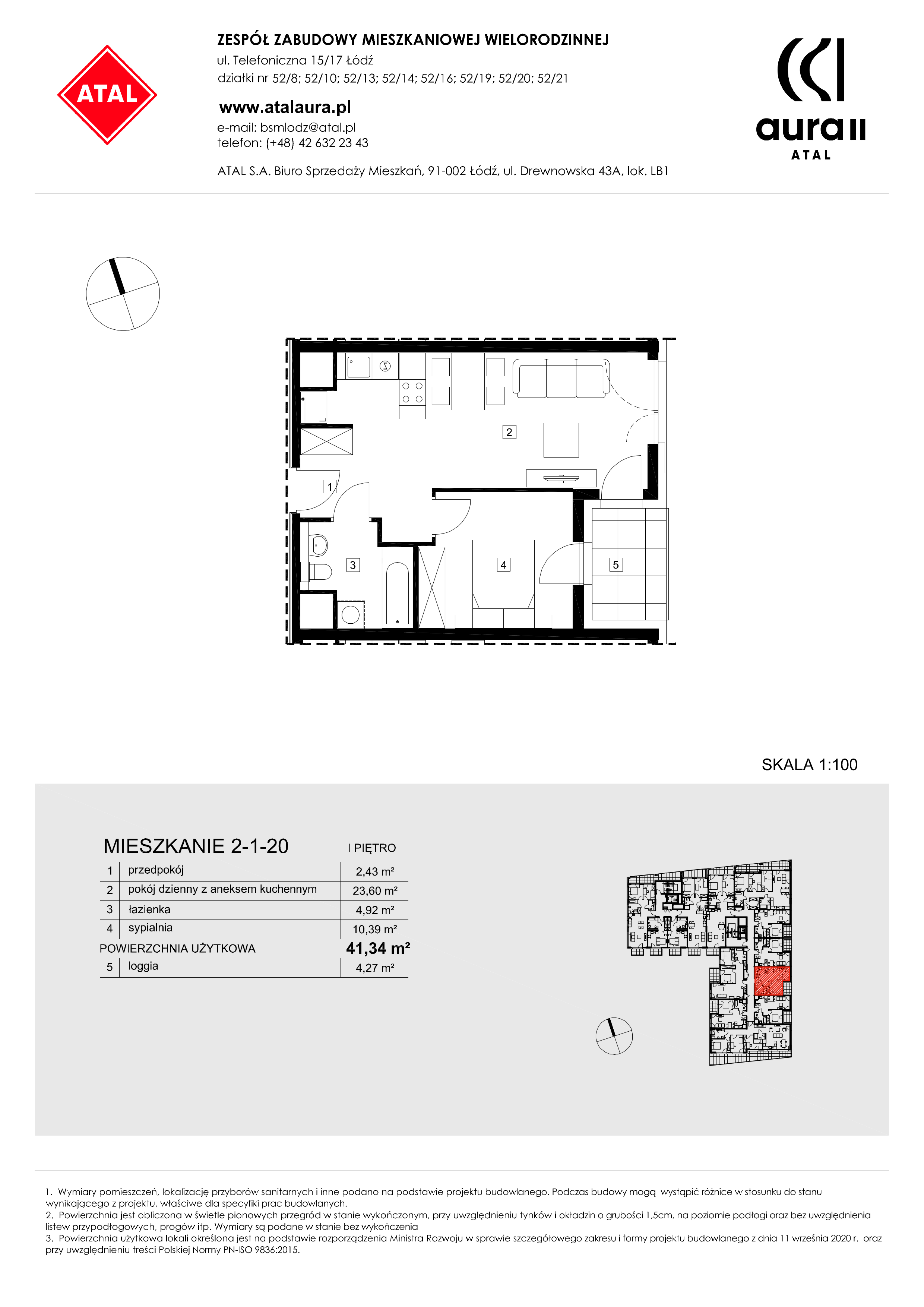 Mieszkanie 41,34 m², piętro 1, oferta nr 2-1-20, ATAL Aura II, Łódź, Bałuty, ul. Telefoniczna 15/17-idx