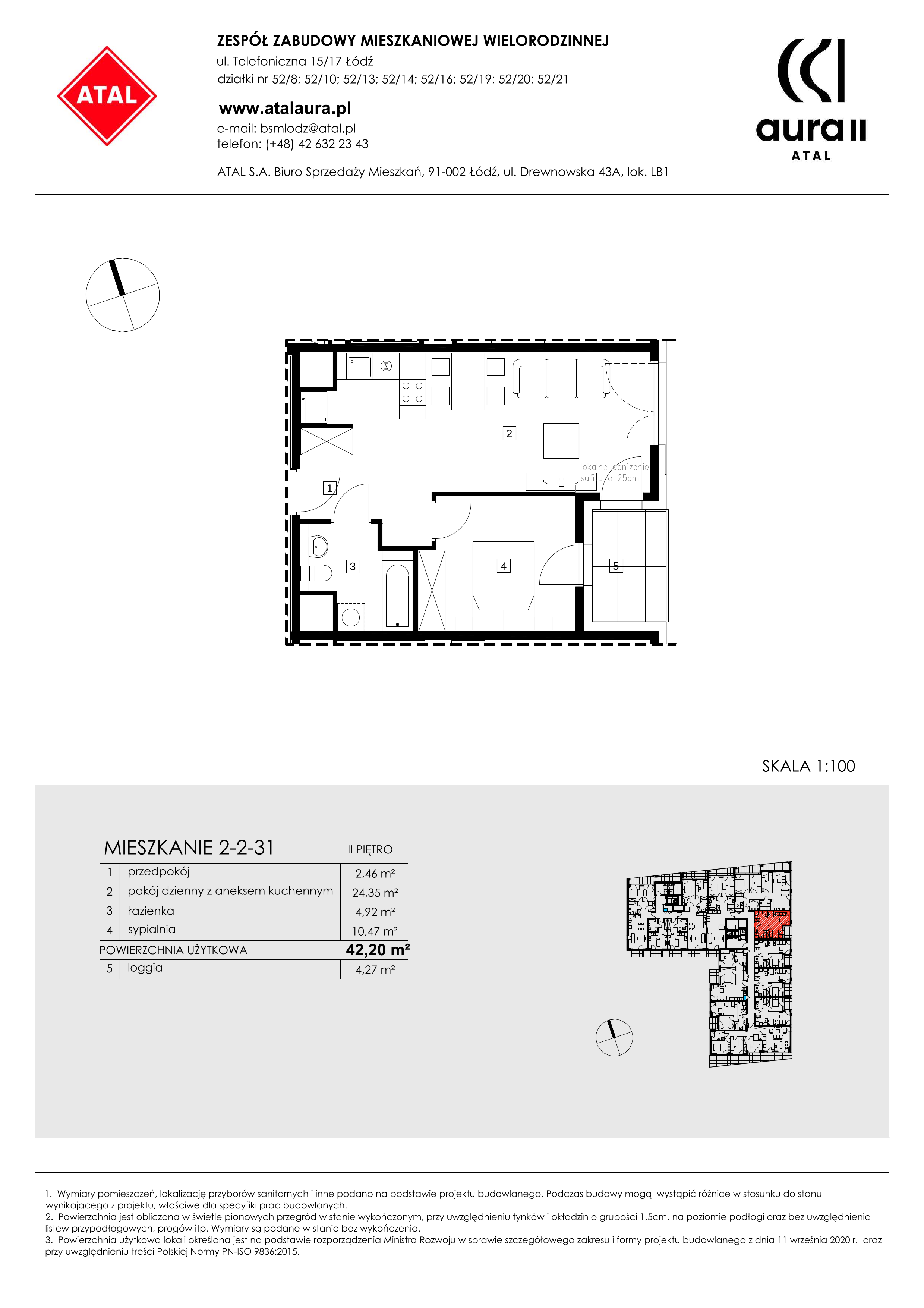 Mieszkanie 42,20 m², piętro 2, oferta nr 2-2-31, ATAL Aura II, Łódź, Bałuty, ul. Telefoniczna 15/17-idx