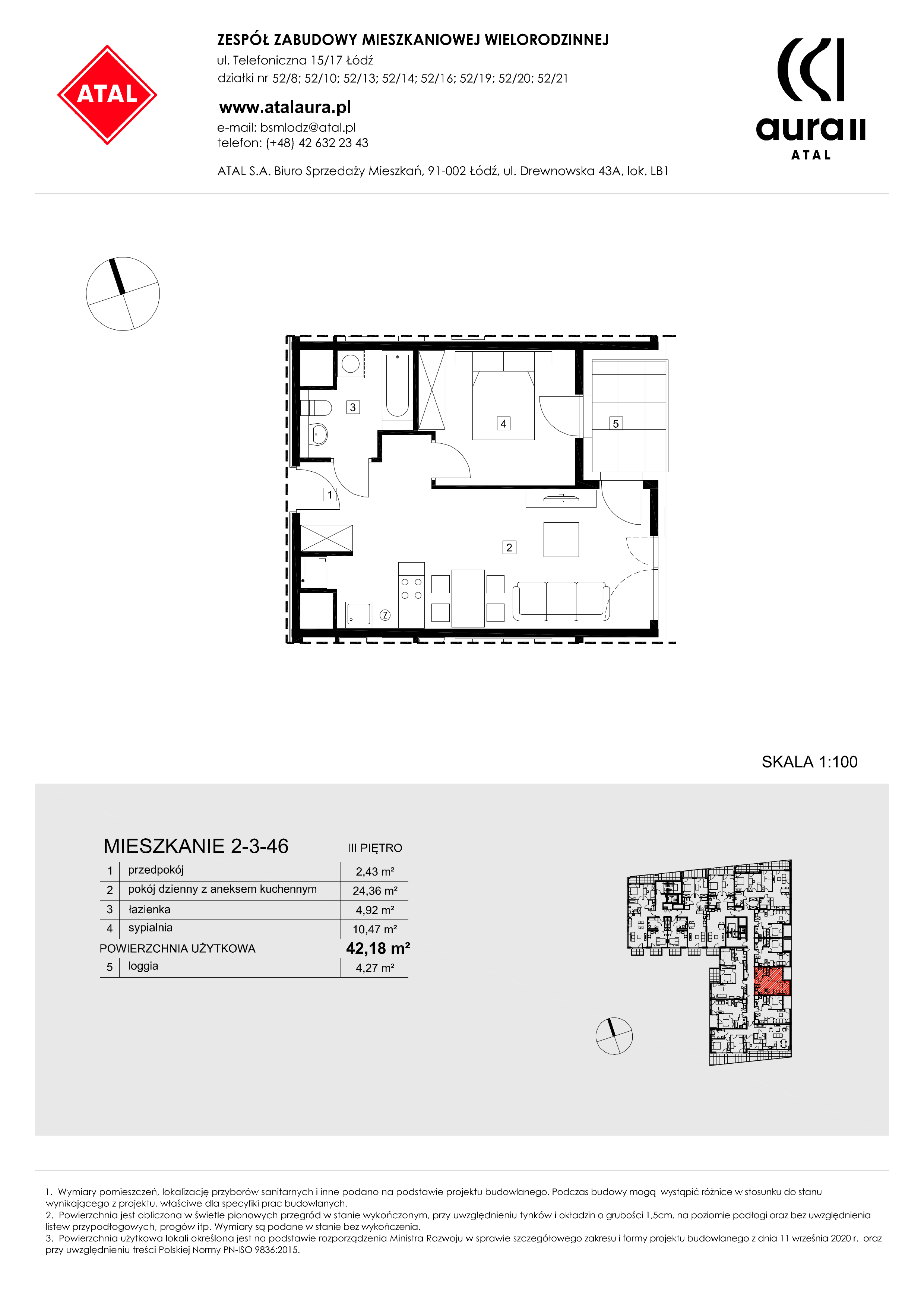 Mieszkanie 42,18 m², piętro 3, oferta nr 2-3-46, ATAL Aura II, Łódź, Bałuty, ul. Telefoniczna 15/17-idx