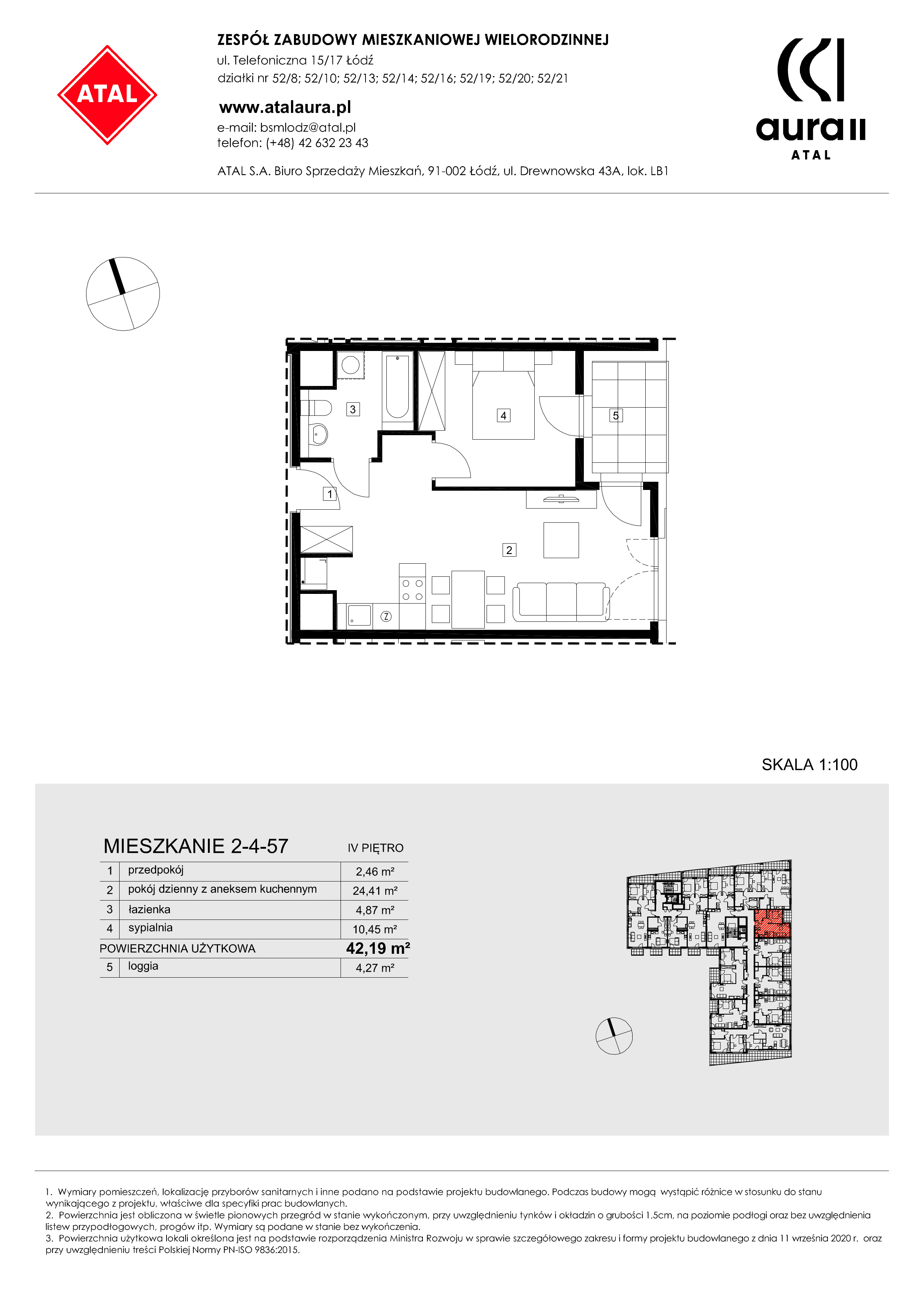 Mieszkanie 42,19 m², piętro 4, oferta nr 2-4-57, ATAL Aura II, Łódź, Bałuty, ul. Telefoniczna 15/17-idx