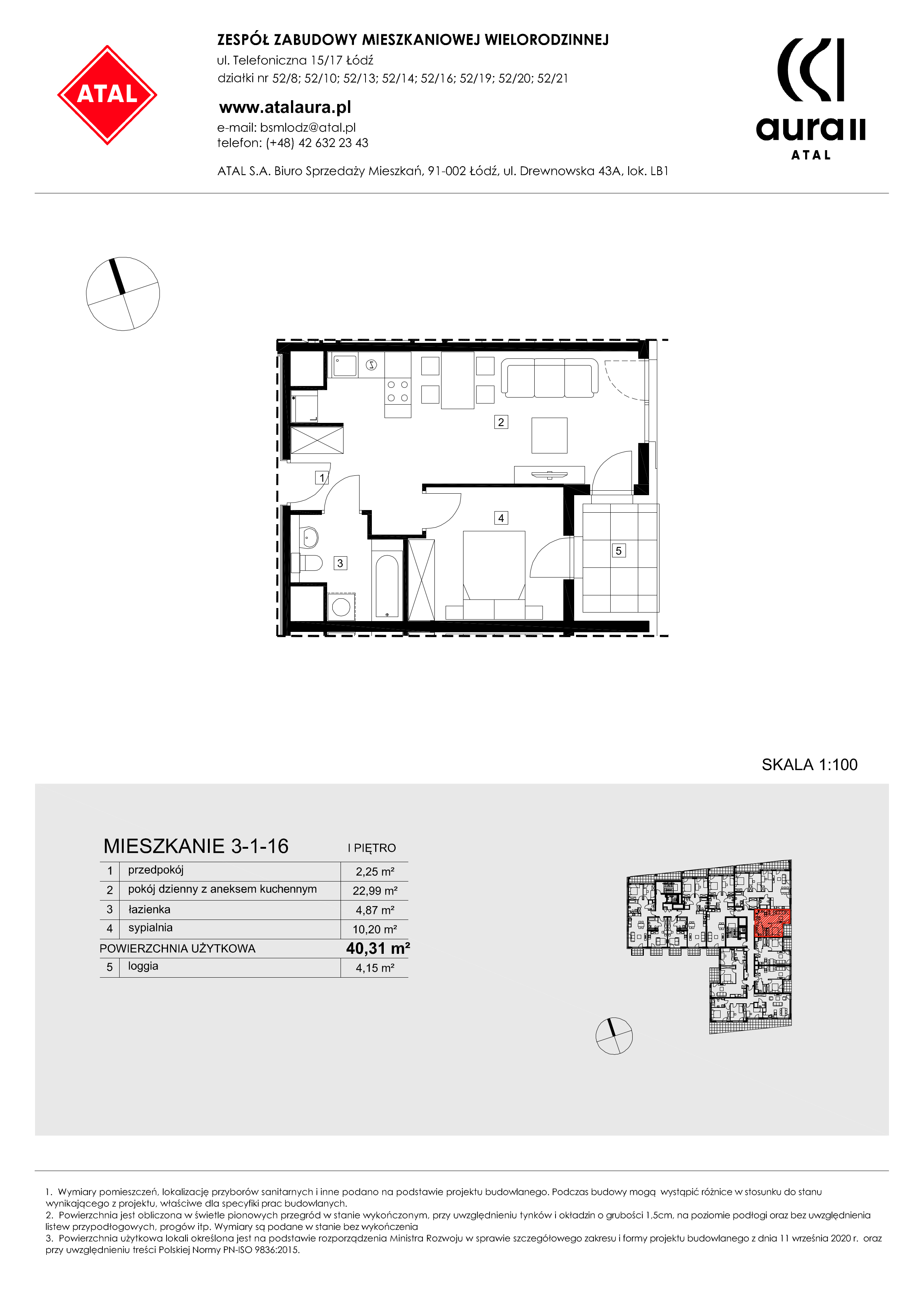 Mieszkanie 40,31 m², piętro 1, oferta nr 3-1-16, ATAL Aura II, Łódź, Bałuty, ul. Telefoniczna 15/17-idx