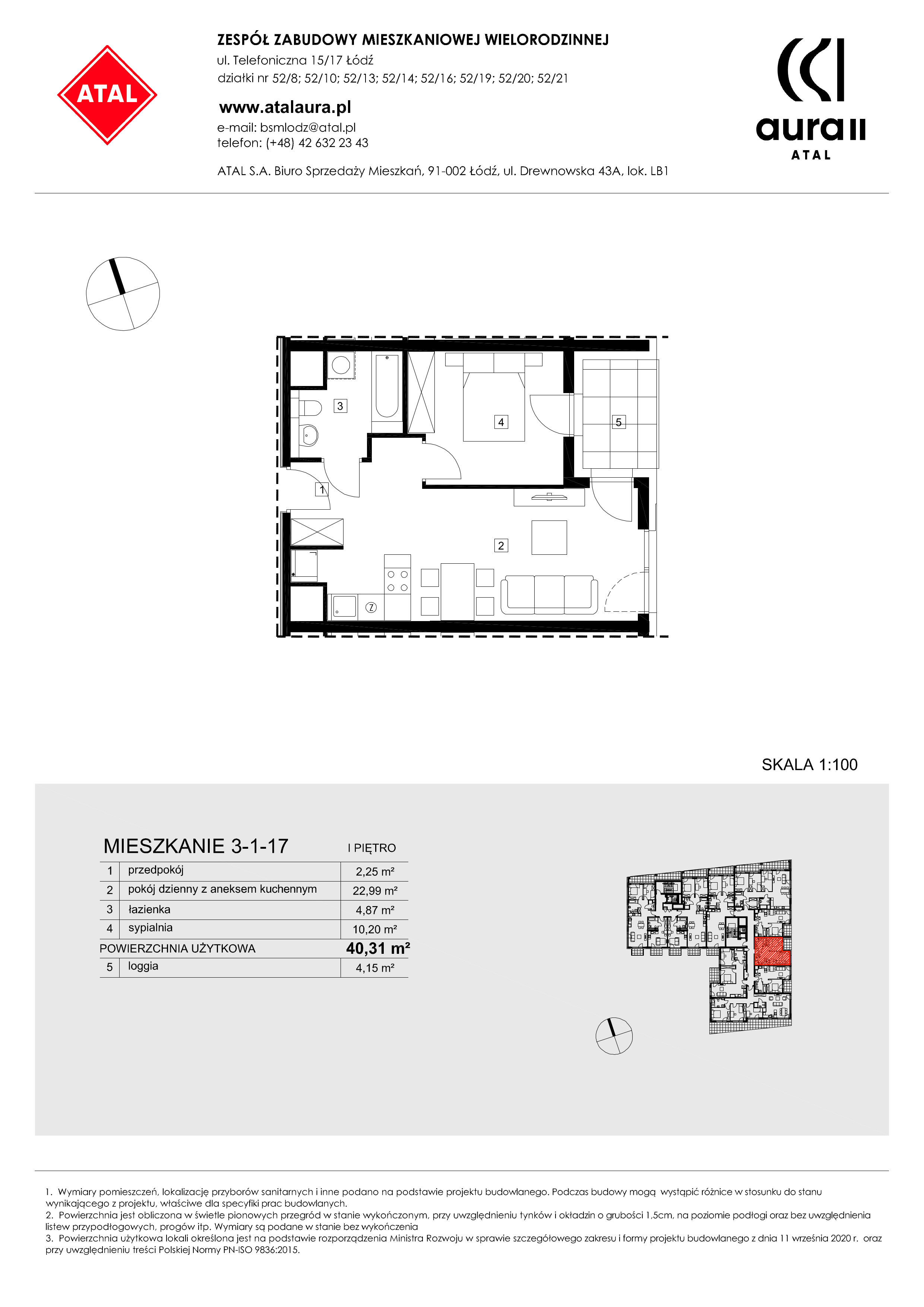 Mieszkanie 40,31 m², piętro 1, oferta nr 3-1-17, ATAL Aura II, Łódź, Bałuty, ul. Telefoniczna 15/17-idx