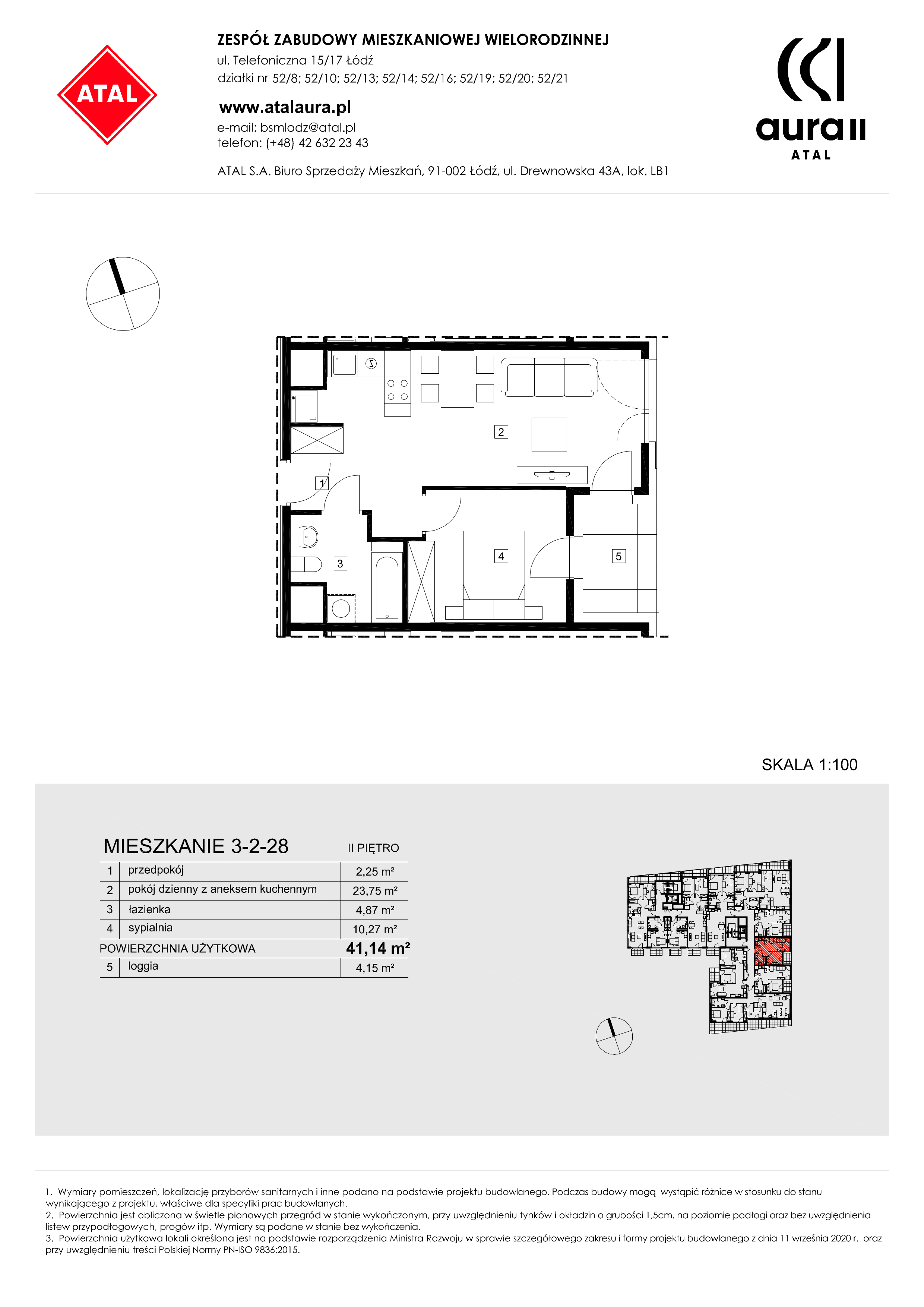 Mieszkanie 41,14 m², piętro 2, oferta nr 3-2-28, ATAL Aura II, Łódź, Bałuty, ul. Telefoniczna 15/17-idx