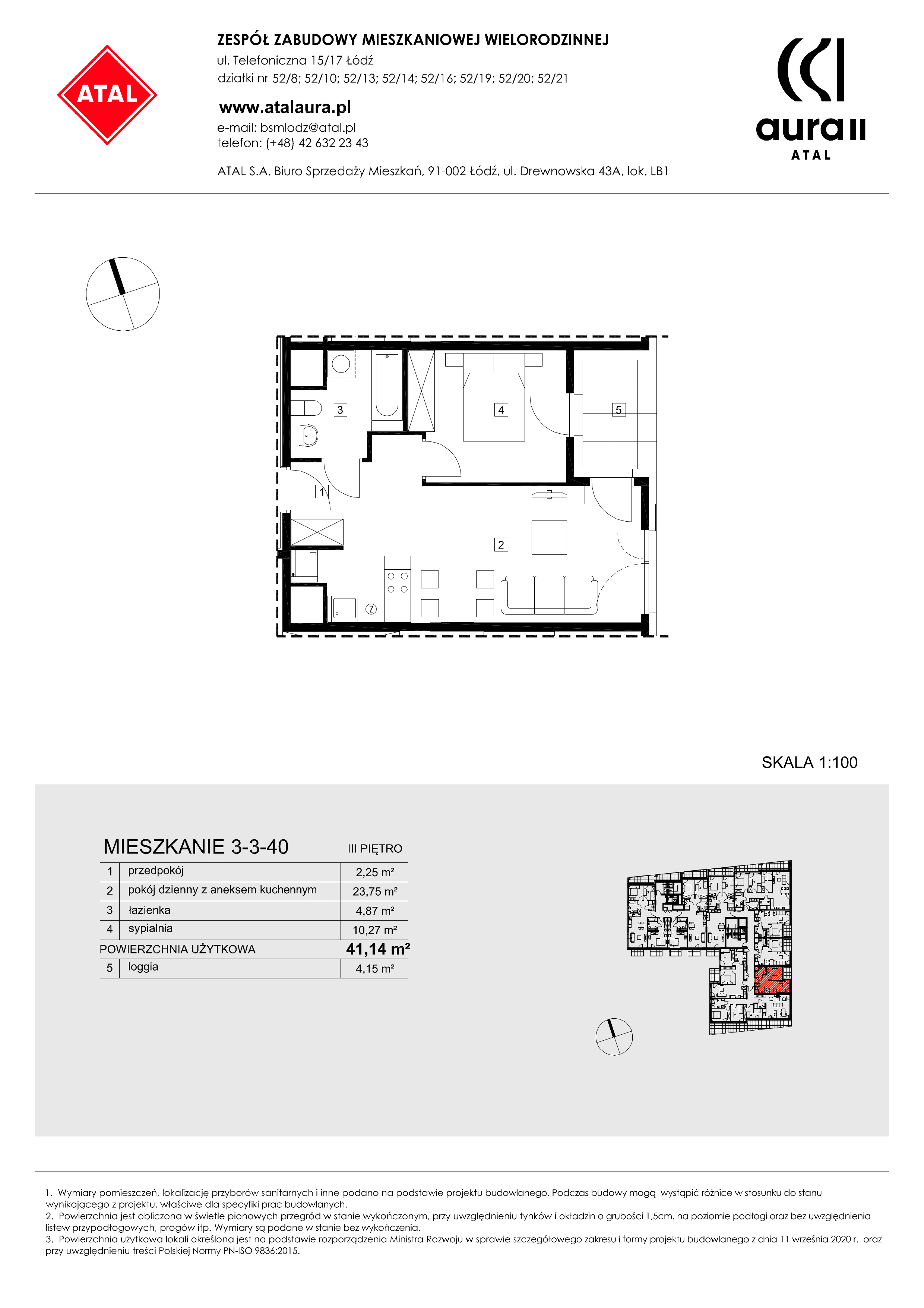 Mieszkanie 41,14 m², piętro 3, oferta nr 3-3-40, ATAL Aura II, Łódź, Bałuty, ul. Telefoniczna 15/17-idx