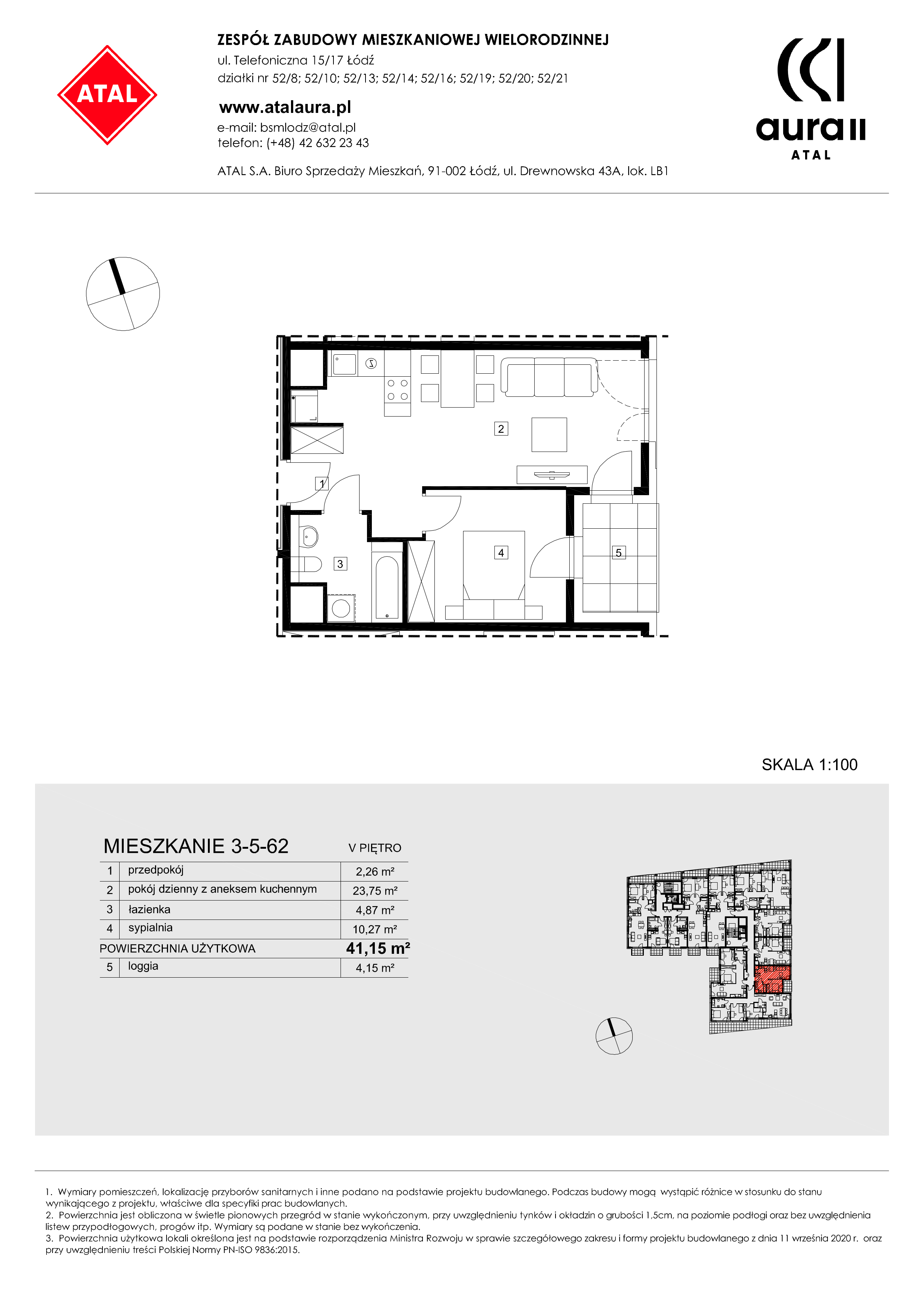 Mieszkanie 41,15 m², piętro 5, oferta nr 3-5-62, ATAL Aura II, Łódź, Bałuty, ul. Telefoniczna 15/17-idx