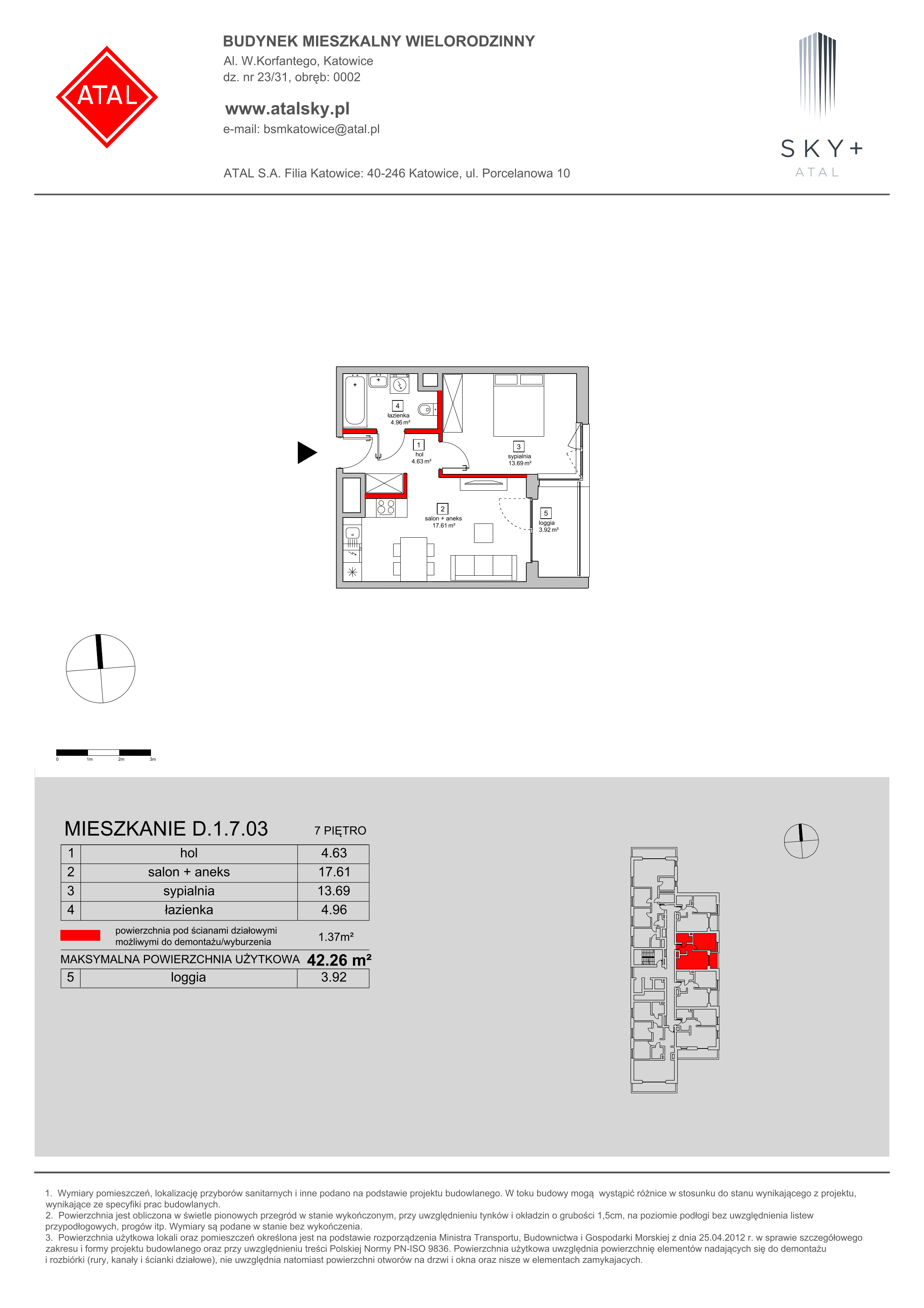 Mieszkanie 42,49 m², piętro 7, oferta nr D.1.7.03, ATAL SKY+, Katowice, Wełnowiec-Józefowiec, Wełnowiec, al. Wojciecha Korfantego 85-89-idx