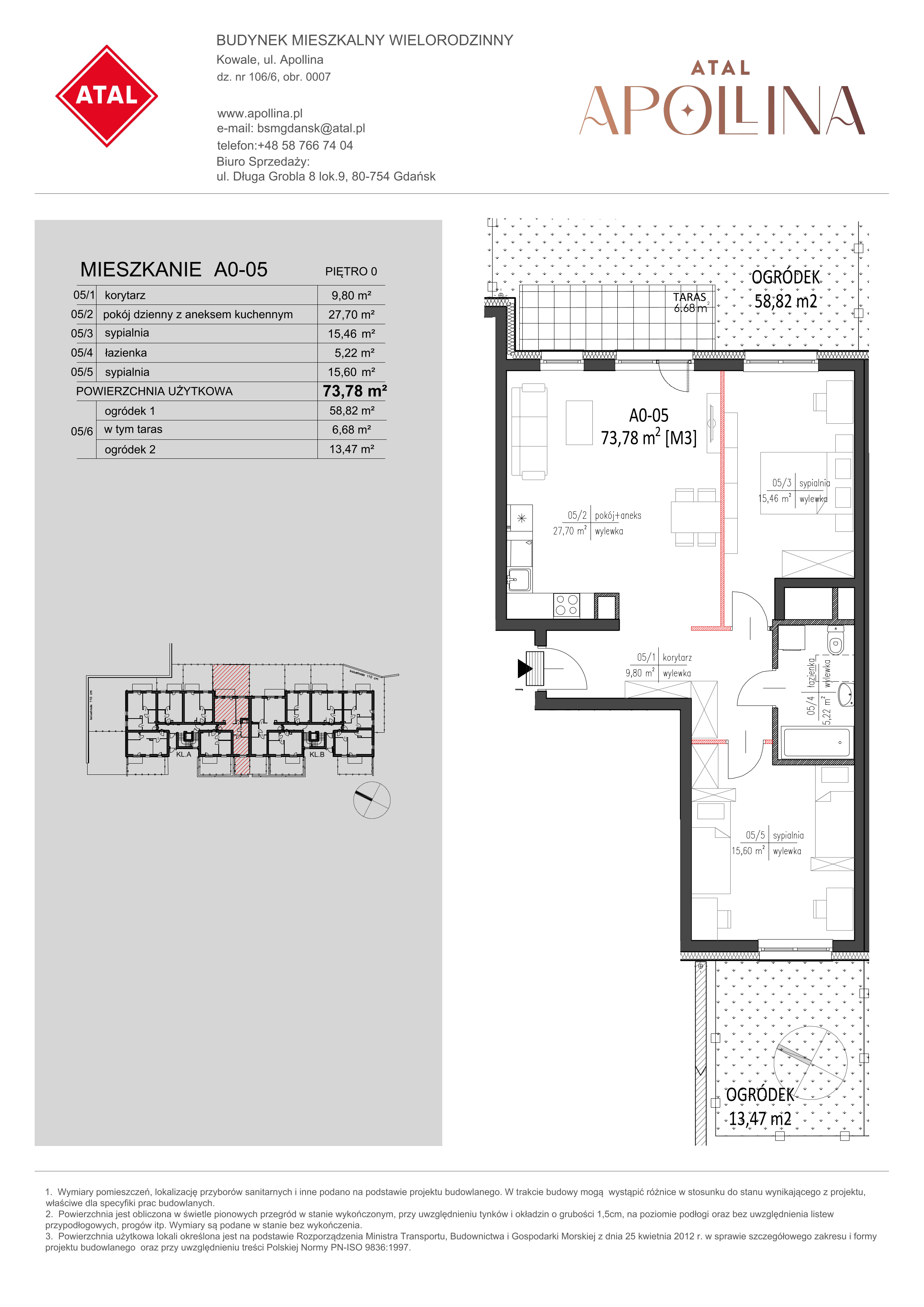 Mieszkanie 73,78 m², parter, oferta nr A0-05, ATAL Apollina, Kowale, ul. Apollina-idx