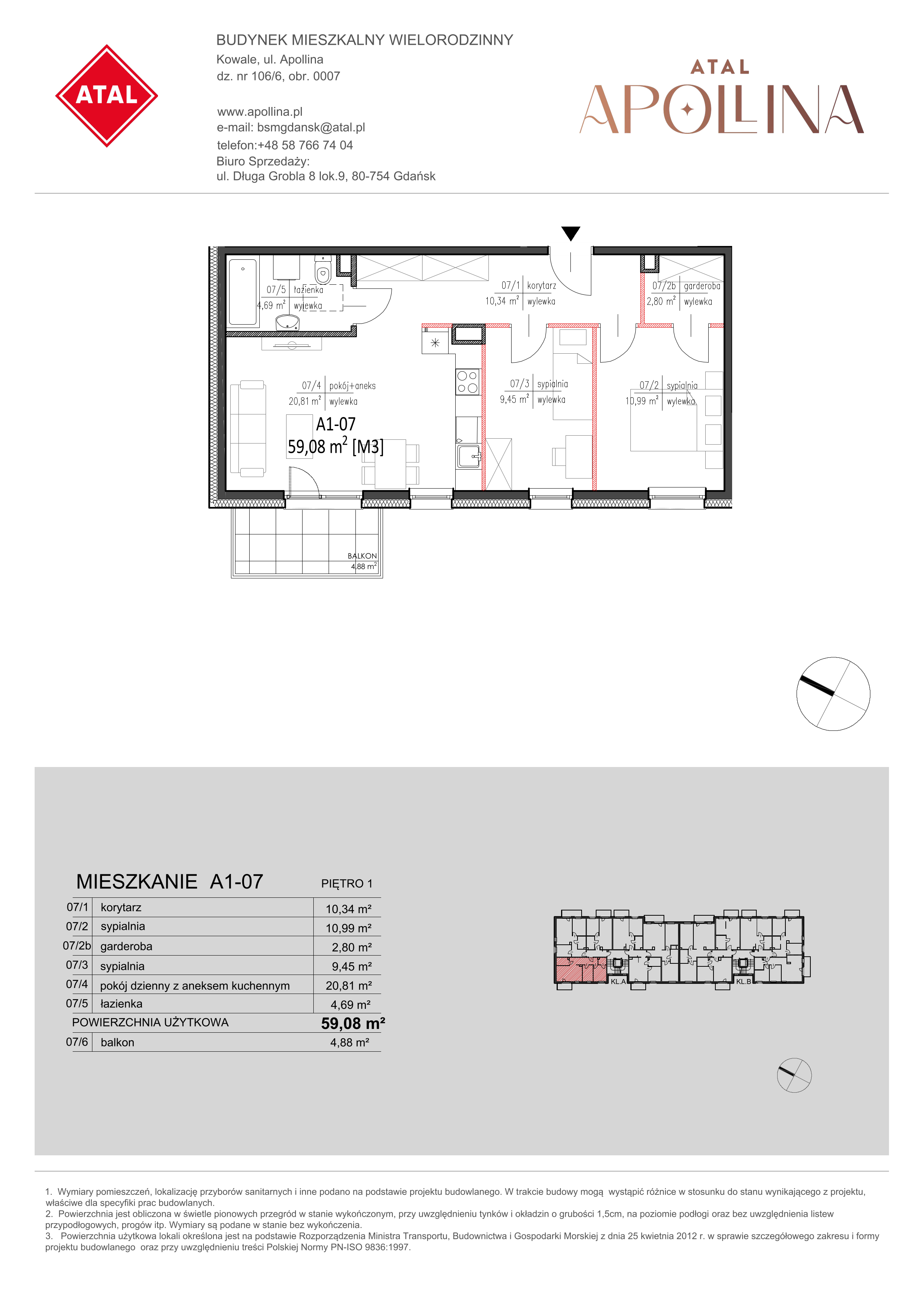 Mieszkanie 59,08 m², piętro 1, oferta nr A1-07, ATAL Apollina, Kowale, ul. Apollina-idx