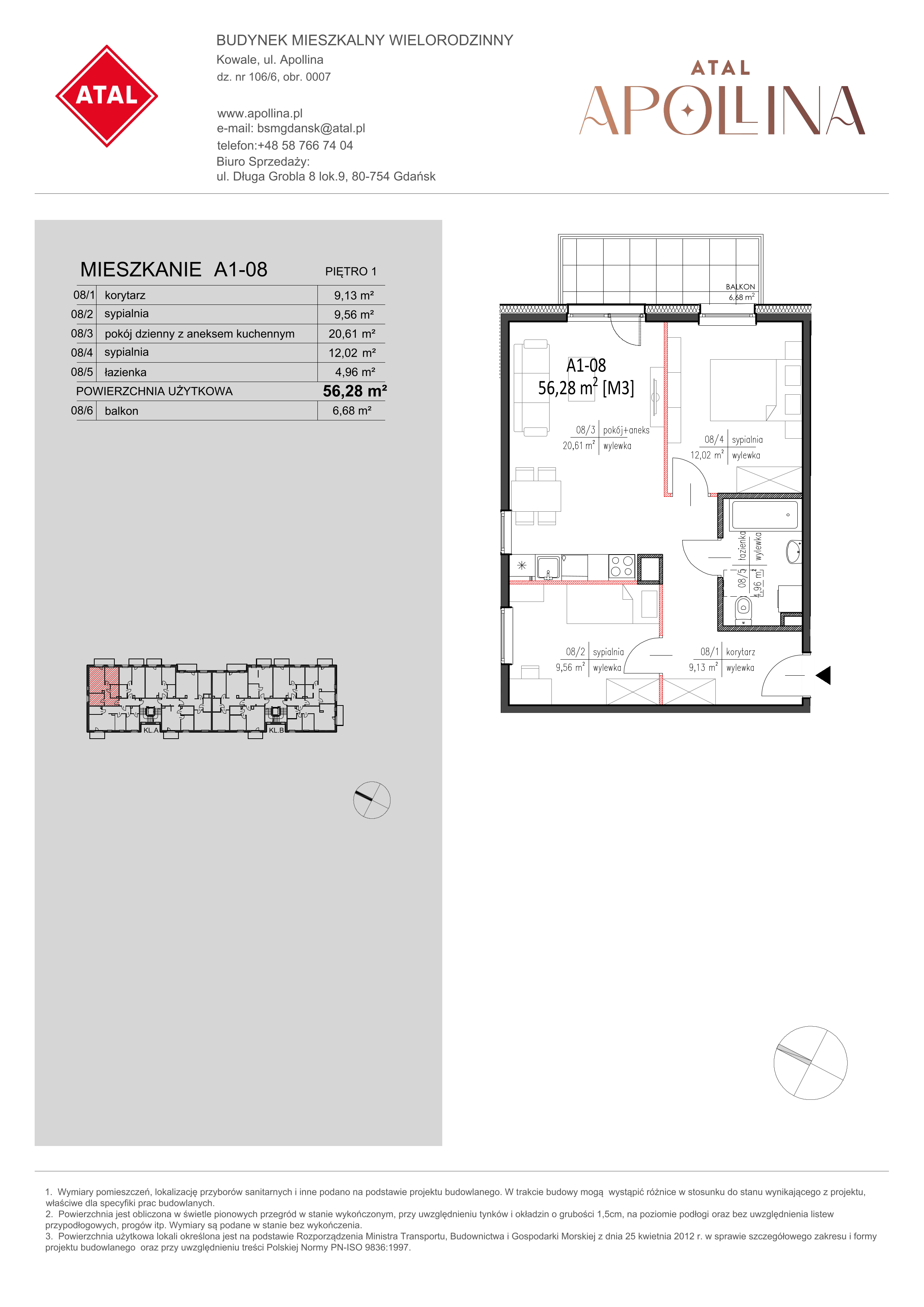 Mieszkanie 56,28 m², piętro 1, oferta nr A1-08, ATAL Apollina, Kowale, ul. Apollina-idx