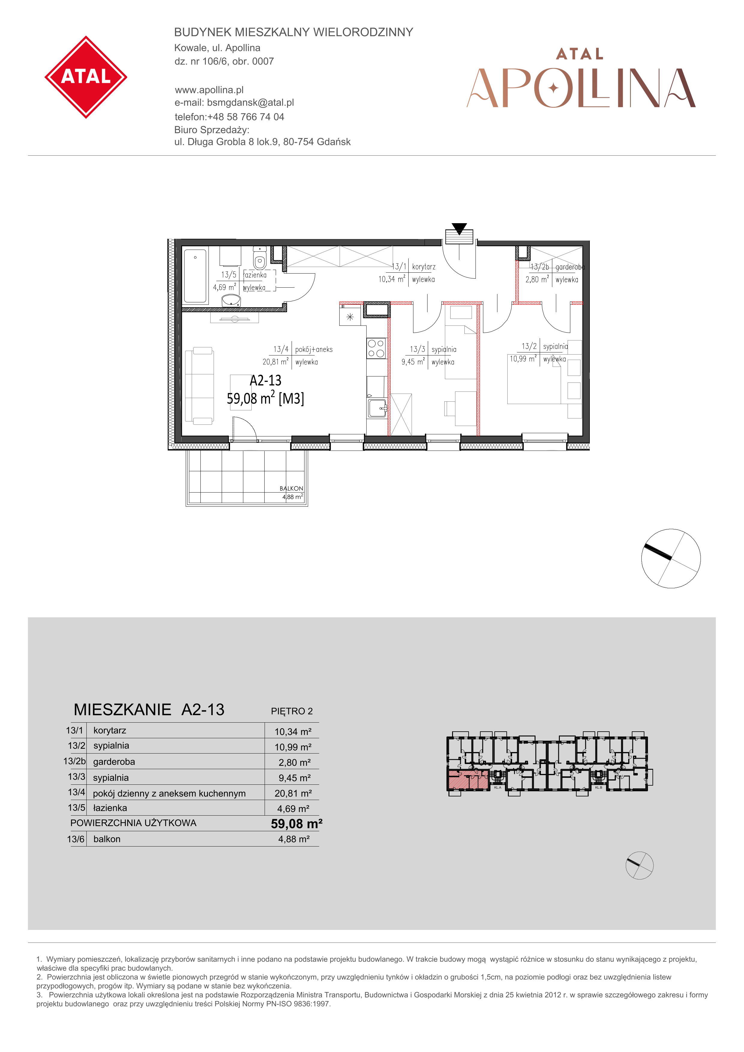 Mieszkanie 59,08 m², piętro 2, oferta nr A2-13, ATAL Apollina, Kowale, ul. Apollina-idx