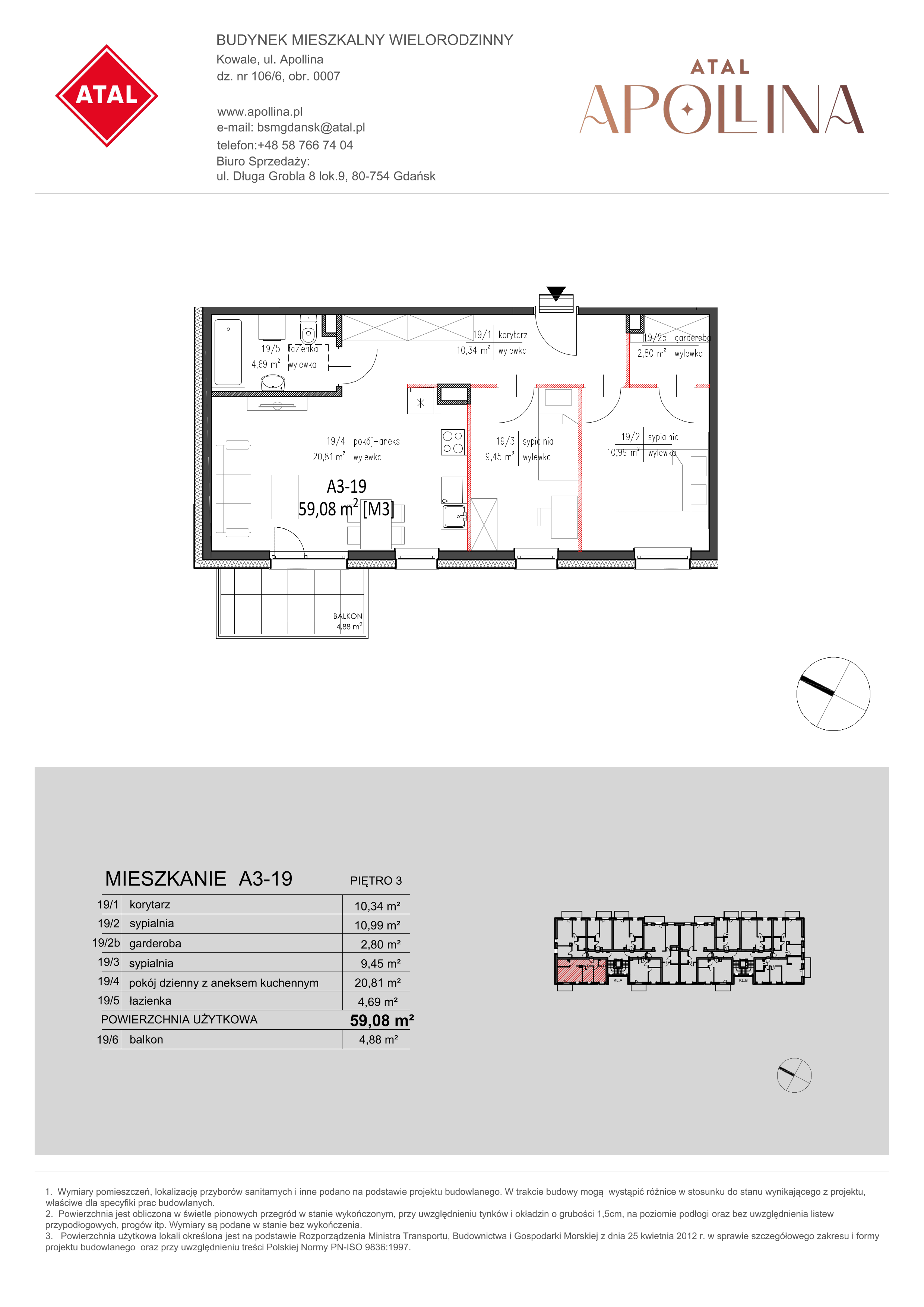 Mieszkanie 59,08 m², piętro 3, oferta nr A3-19, ATAL Apollina, Kowale, ul. Apollina-idx