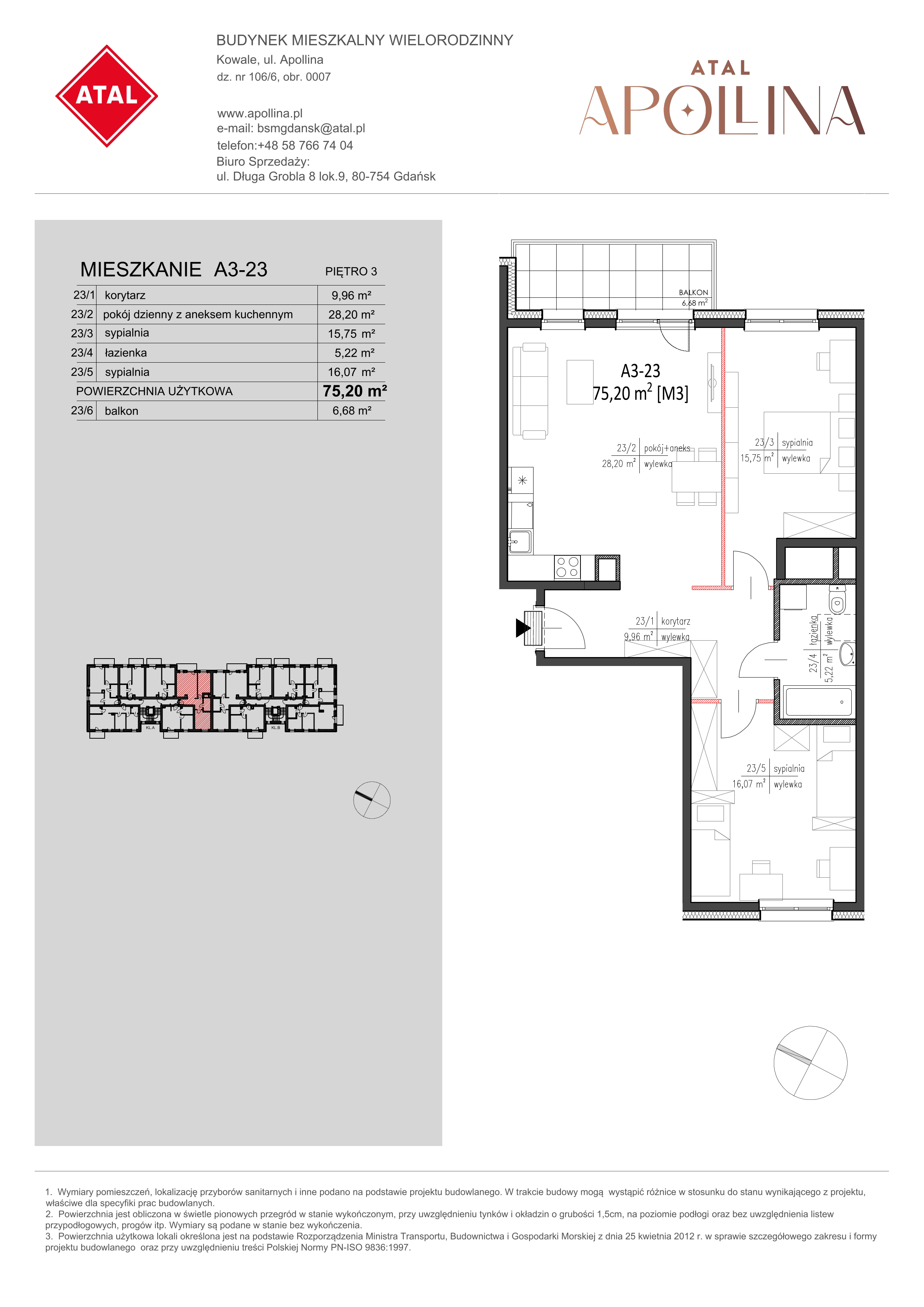 Mieszkanie 75,20 m², piętro 3, oferta nr A3-23, ATAL Apollina, Kowale, ul. Apollina-idx