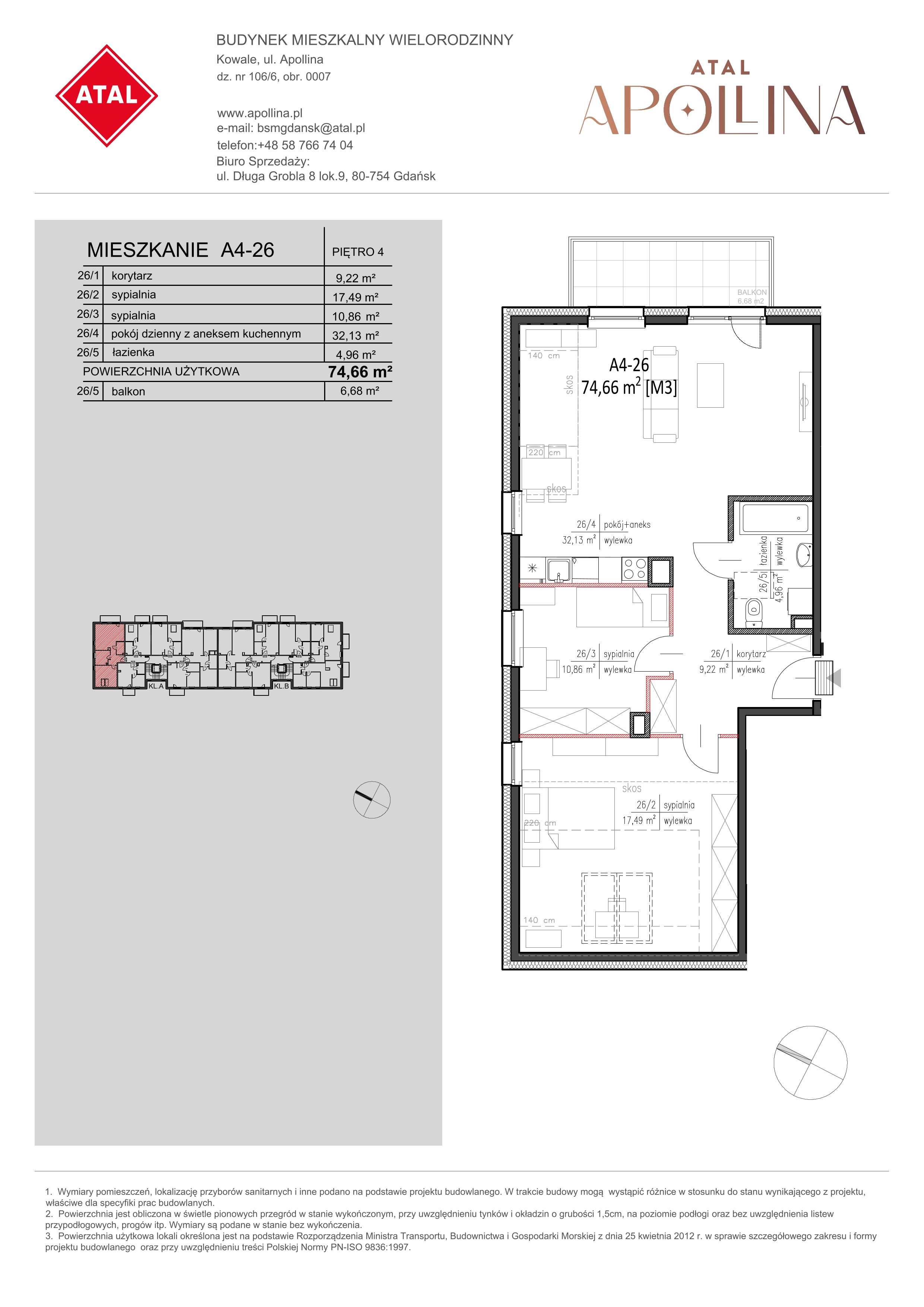 Mieszkanie 74,66 m², piętro 4, oferta nr A4-26, ATAL Apollina, Kowale, ul. Apollina-idx