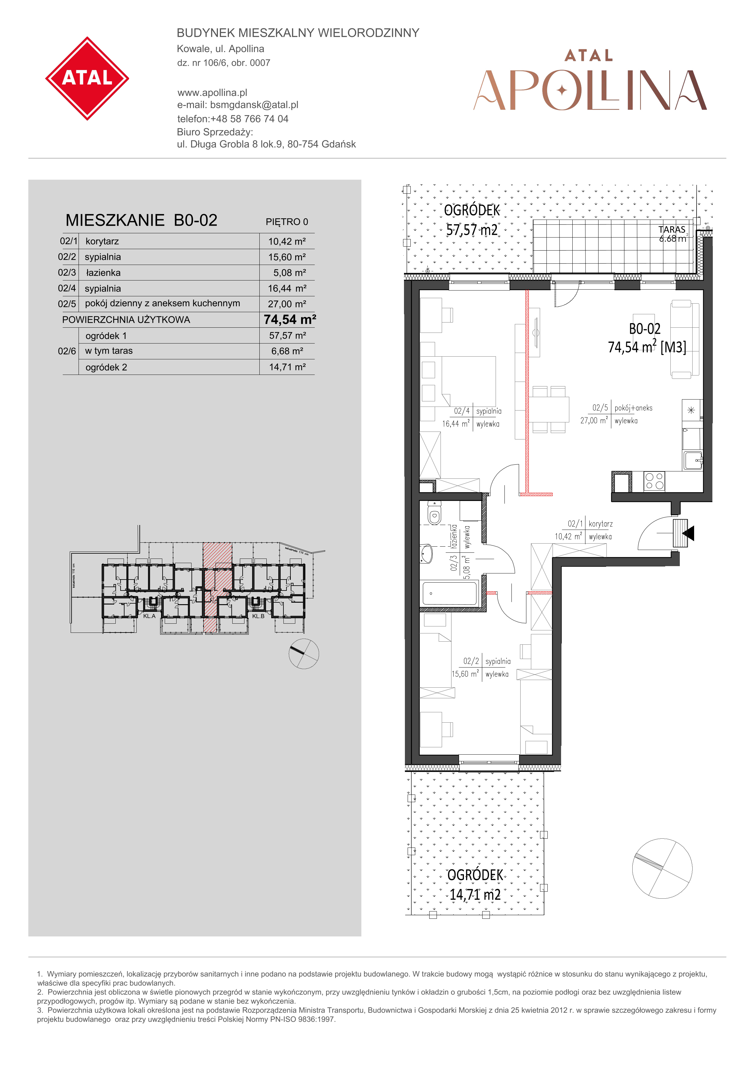 Mieszkanie 74,54 m², parter, oferta nr B0-02, ATAL Apollina, Kowale, ul. Apollina-idx