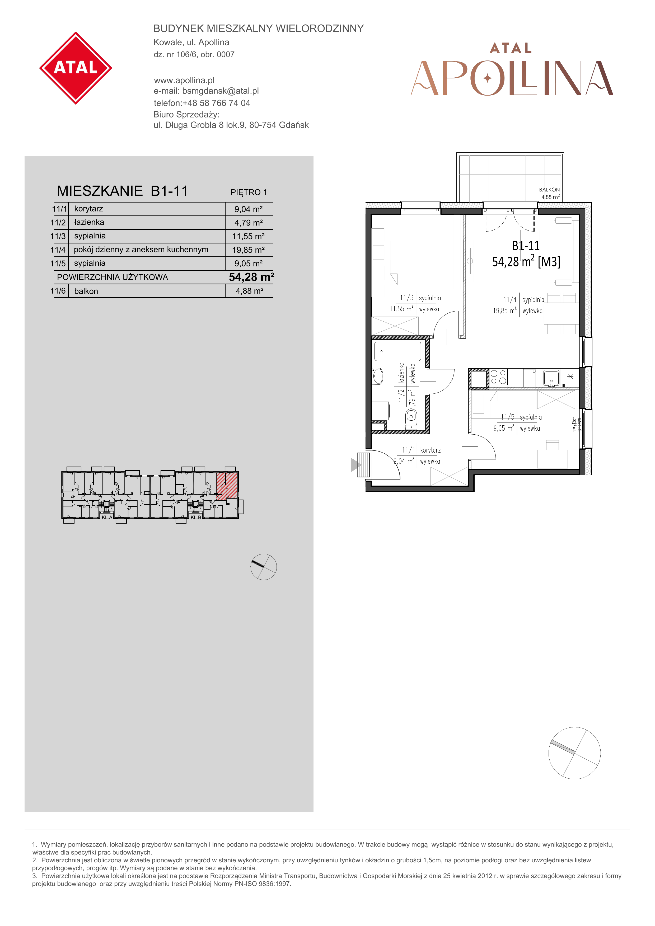 Mieszkanie 54,28 m², piętro 1, oferta nr B1-11, ATAL Apollina, Kowale, ul. Apollina-idx