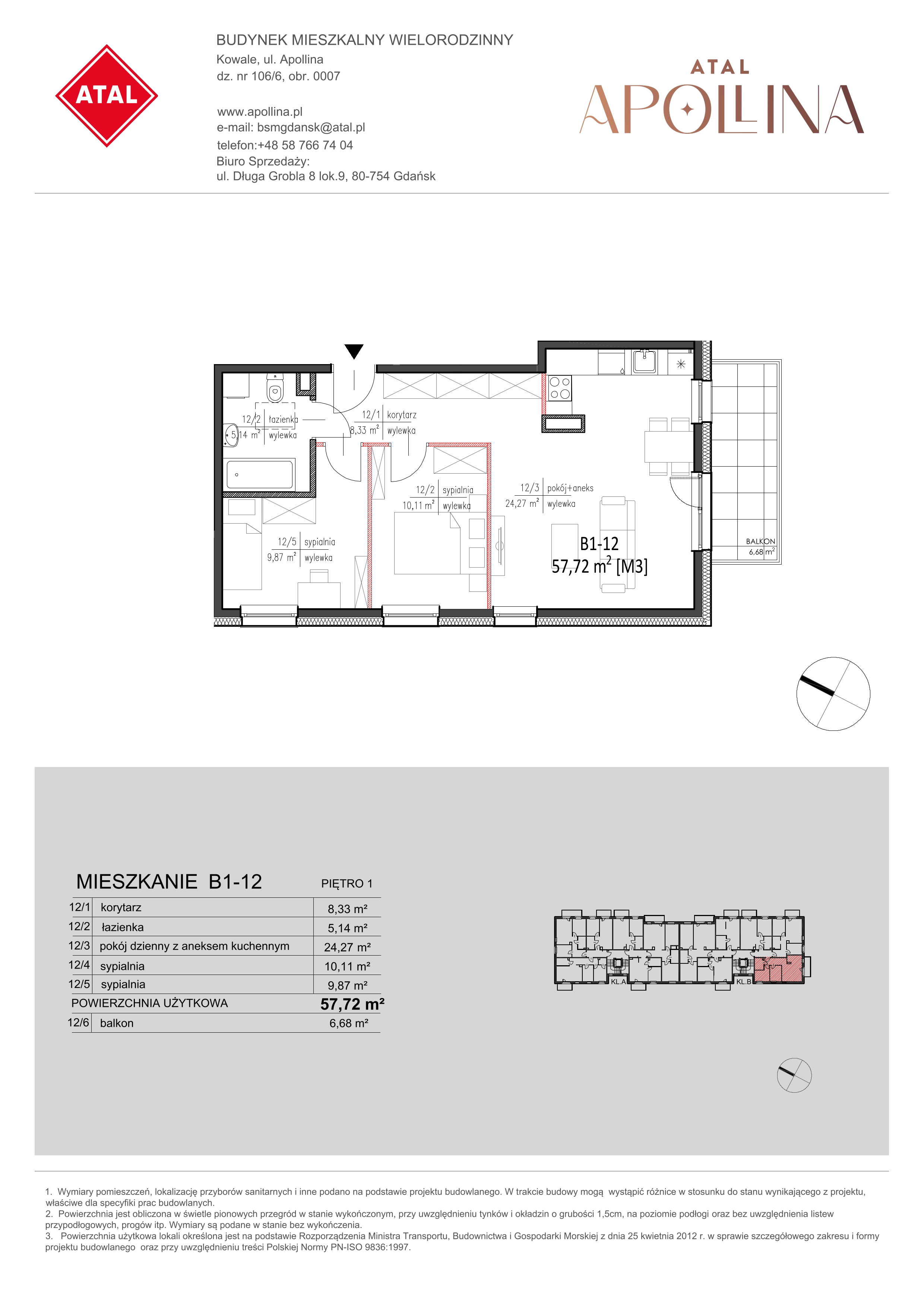 Mieszkanie 57,72 m², piętro 1, oferta nr B1-12, ATAL Apollina, Kowale, ul. Apollina-idx