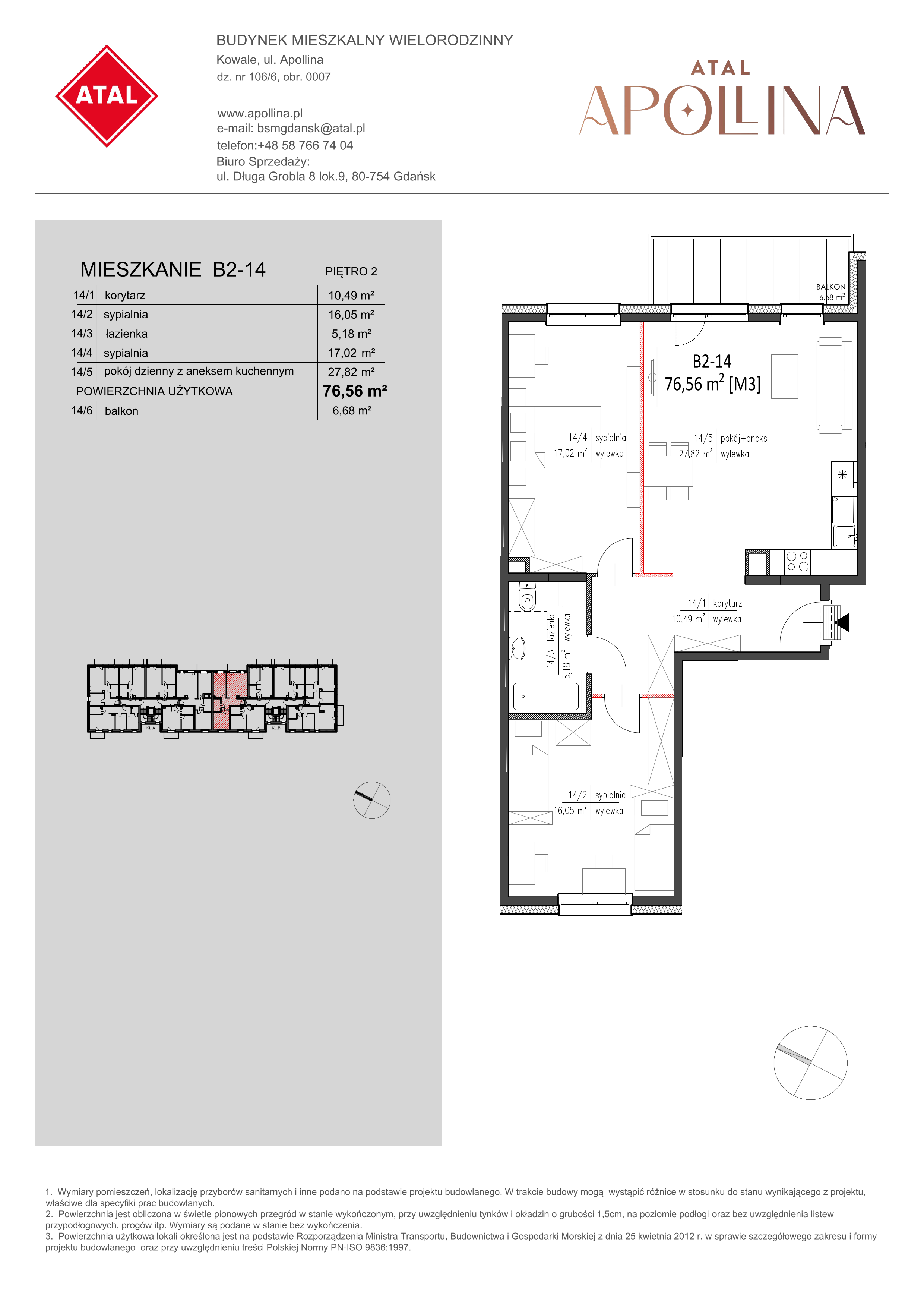 Mieszkanie 76,56 m², piętro 2, oferta nr B2-14, ATAL Apollina, Kowale, ul. Apollina-idx