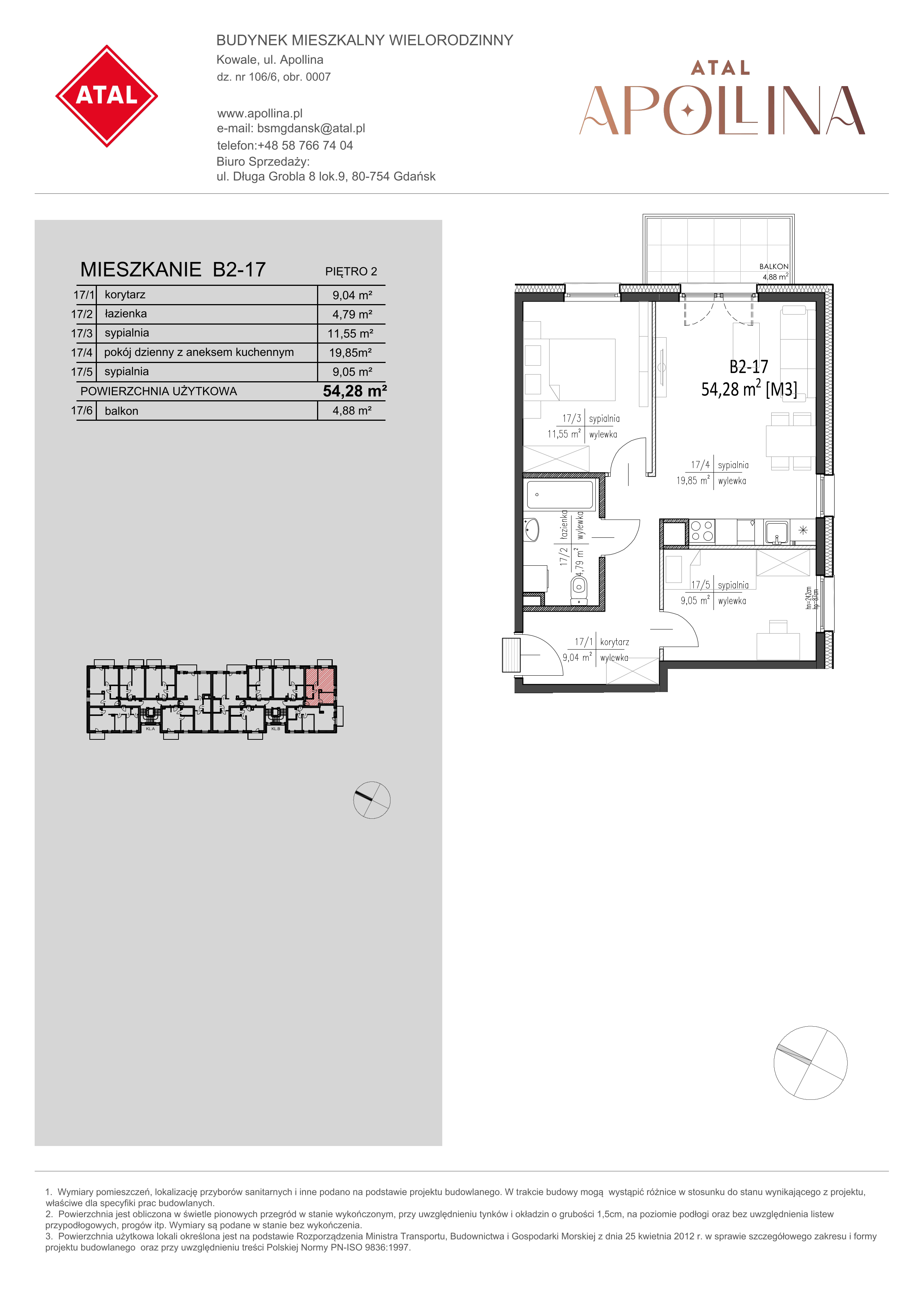 Mieszkanie 54,28 m², piętro 2, oferta nr B2-17, ATAL Apollina, Kowale, ul. Apollina-idx