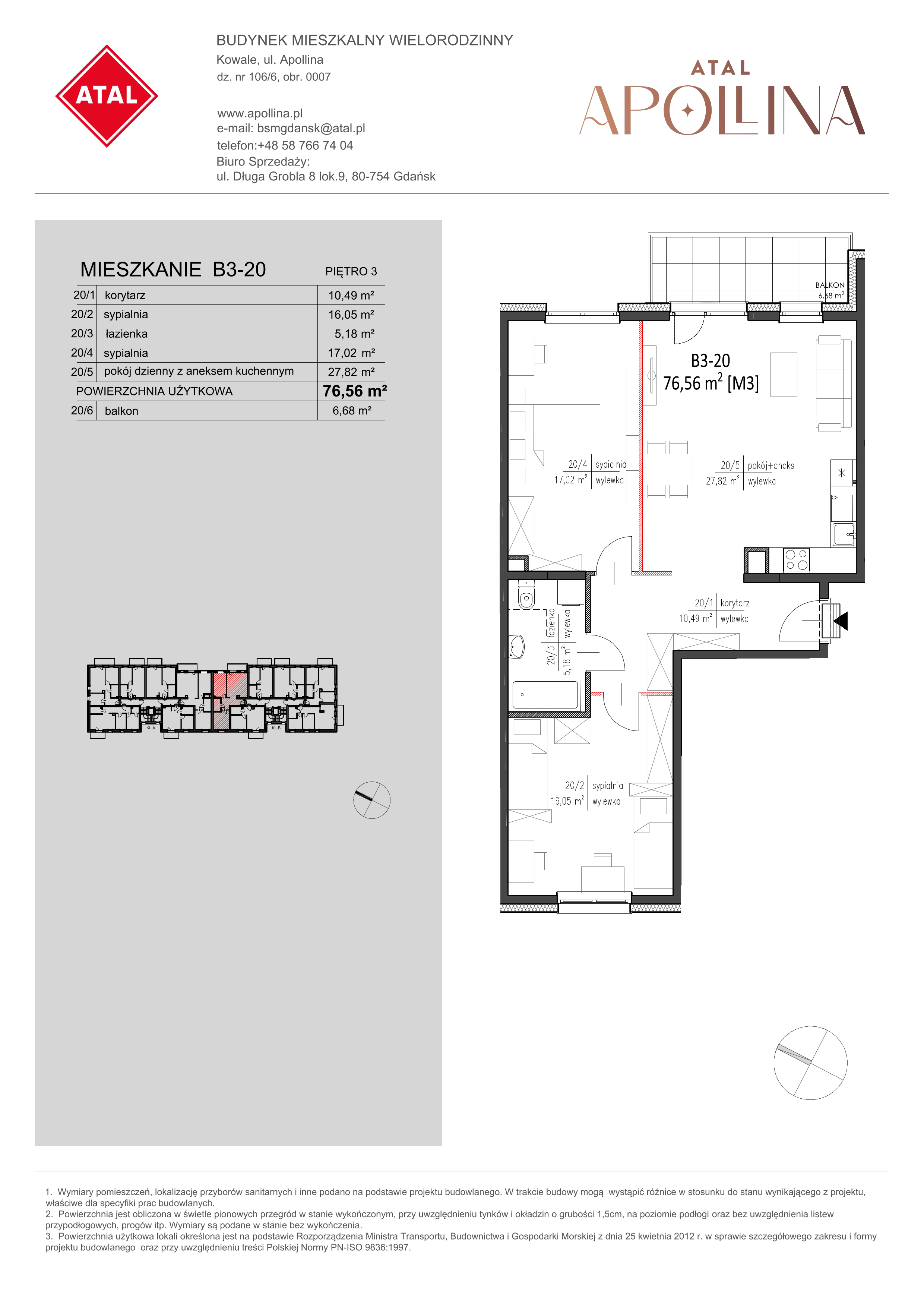 Mieszkanie 76,56 m², piętro 3, oferta nr B3-20, ATAL Apollina, Kowale, ul. Apollina-idx