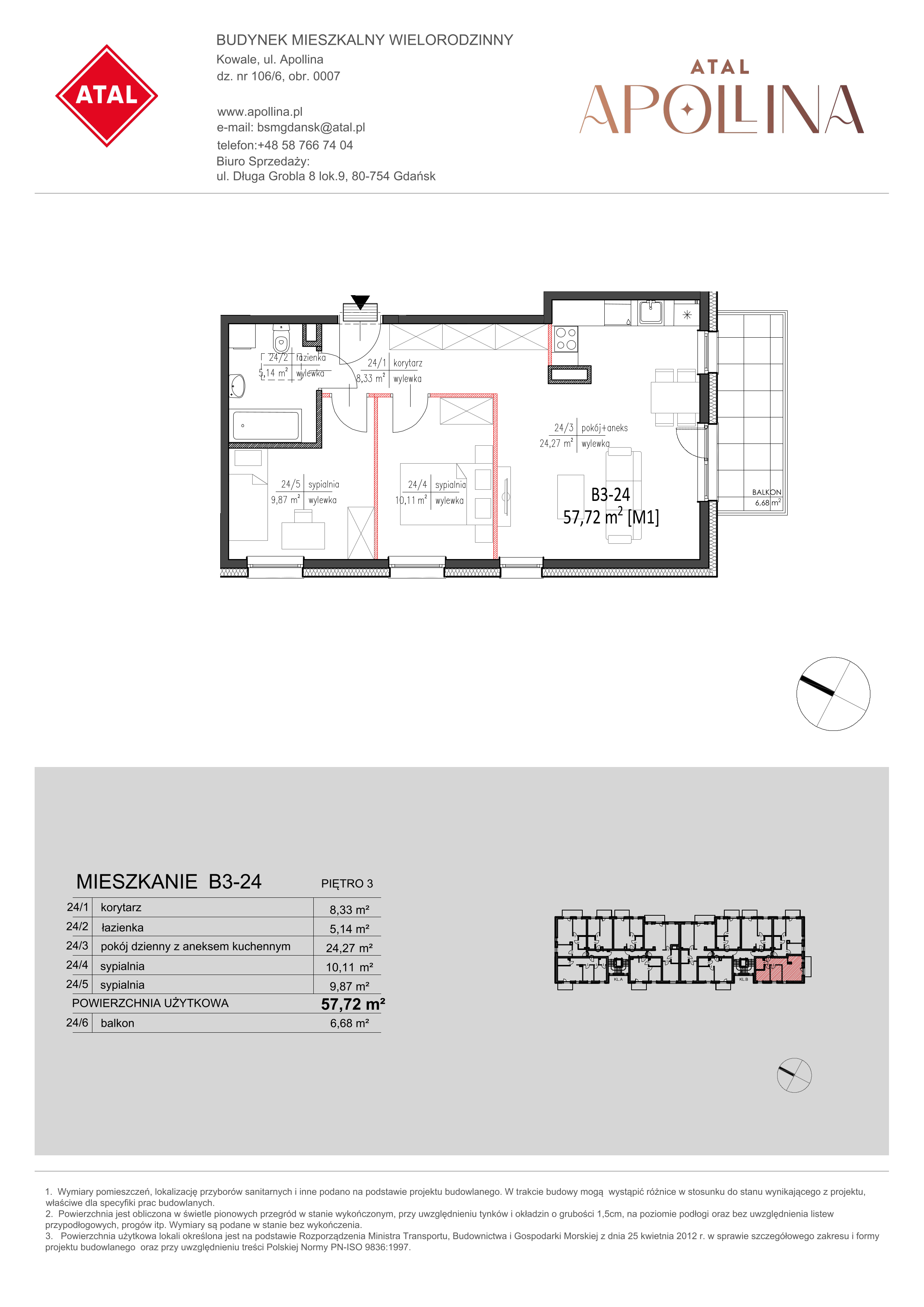 Mieszkanie 57,72 m², piętro 3, oferta nr B3-24, ATAL Apollina, Kowale, ul. Apollina-idx