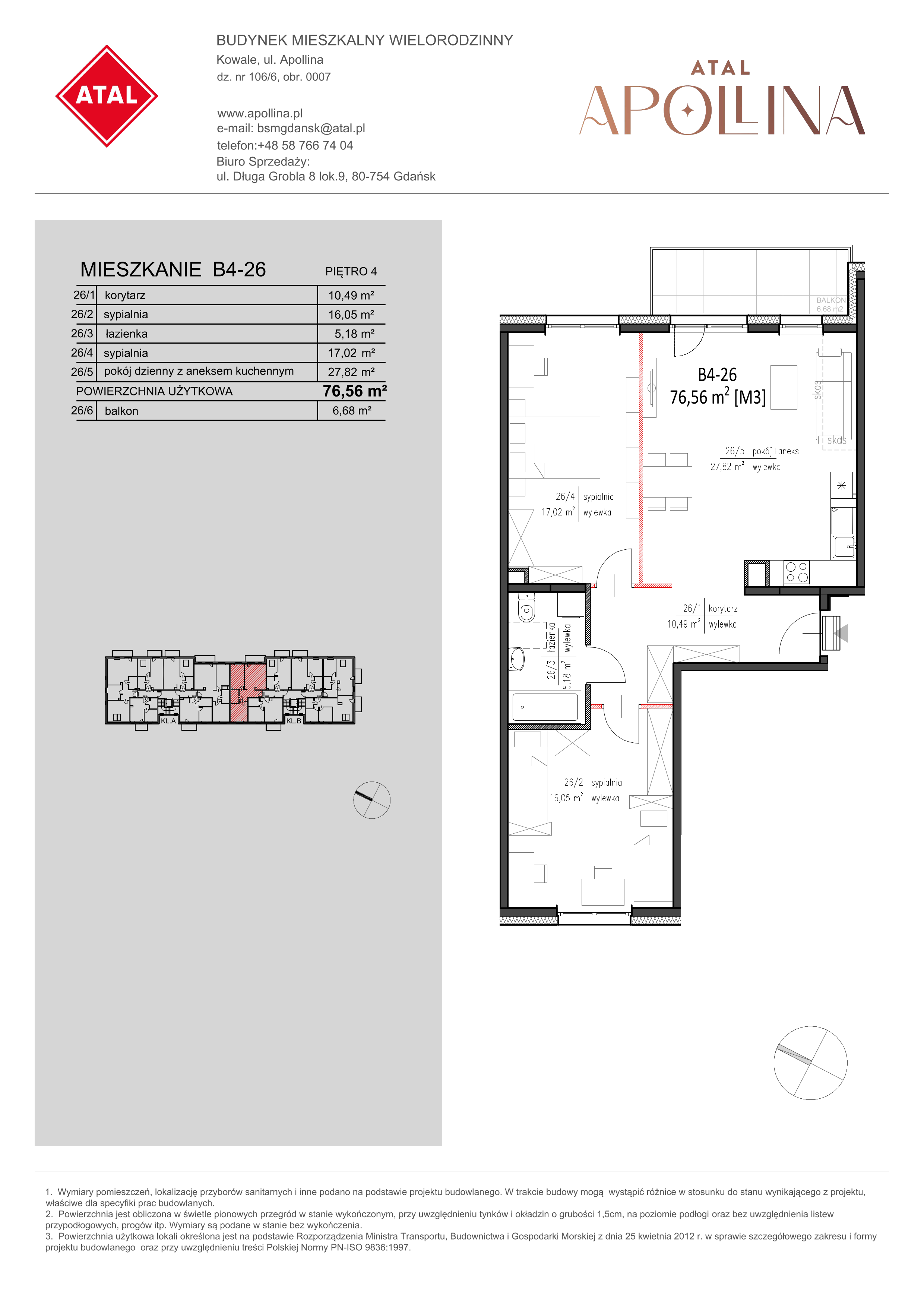 Mieszkanie 76,56 m², piętro 4, oferta nr B4-26, ATAL Apollina, Kowale, ul. Apollina-idx