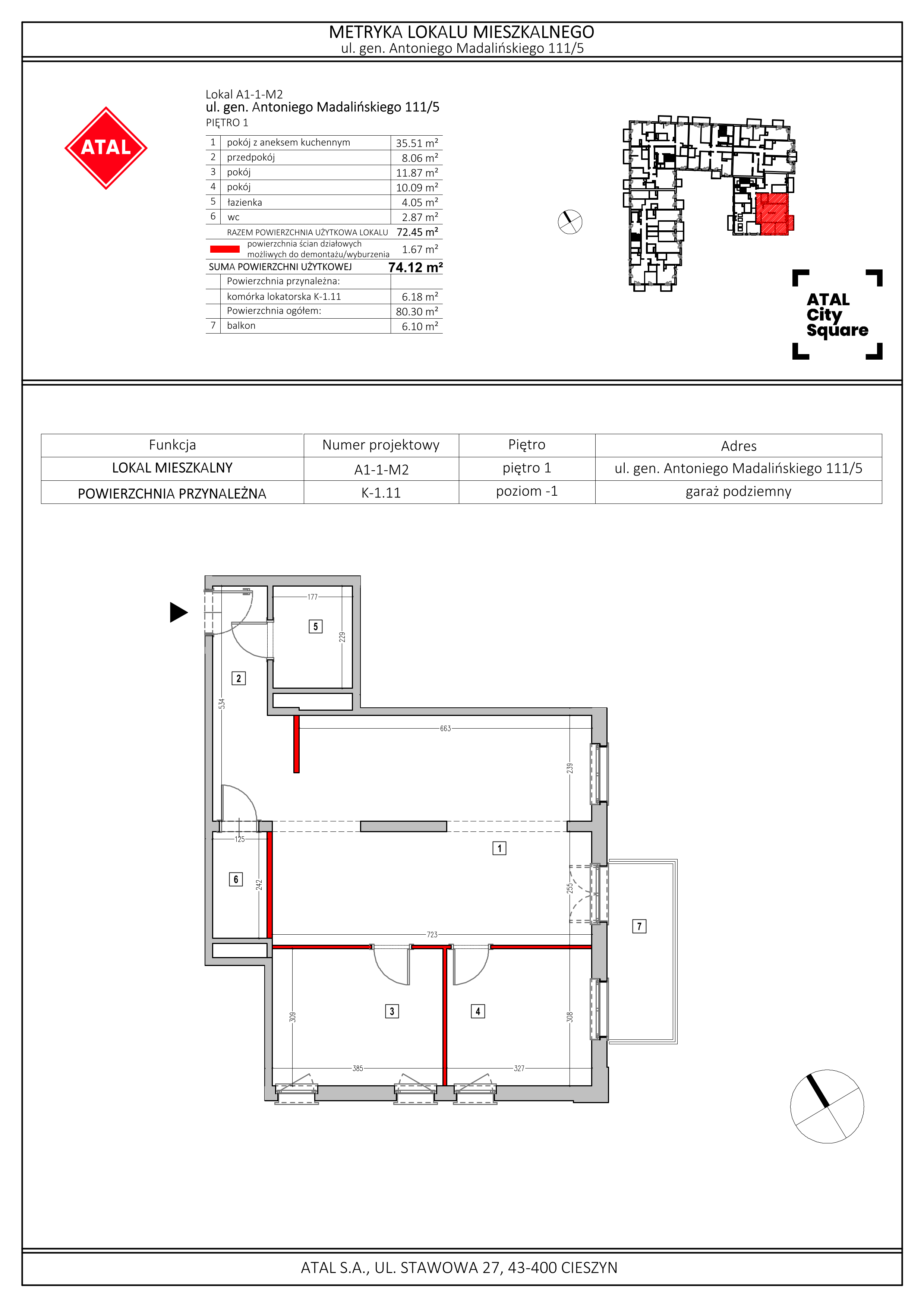 Apartament 74,12 m², piętro 1, oferta nr A1-1-M2, ATAL City Square, Wrocław, Przedmieście Oławskie, Krzyki, ul. gen. Kazimierza Pułaskiego-idx