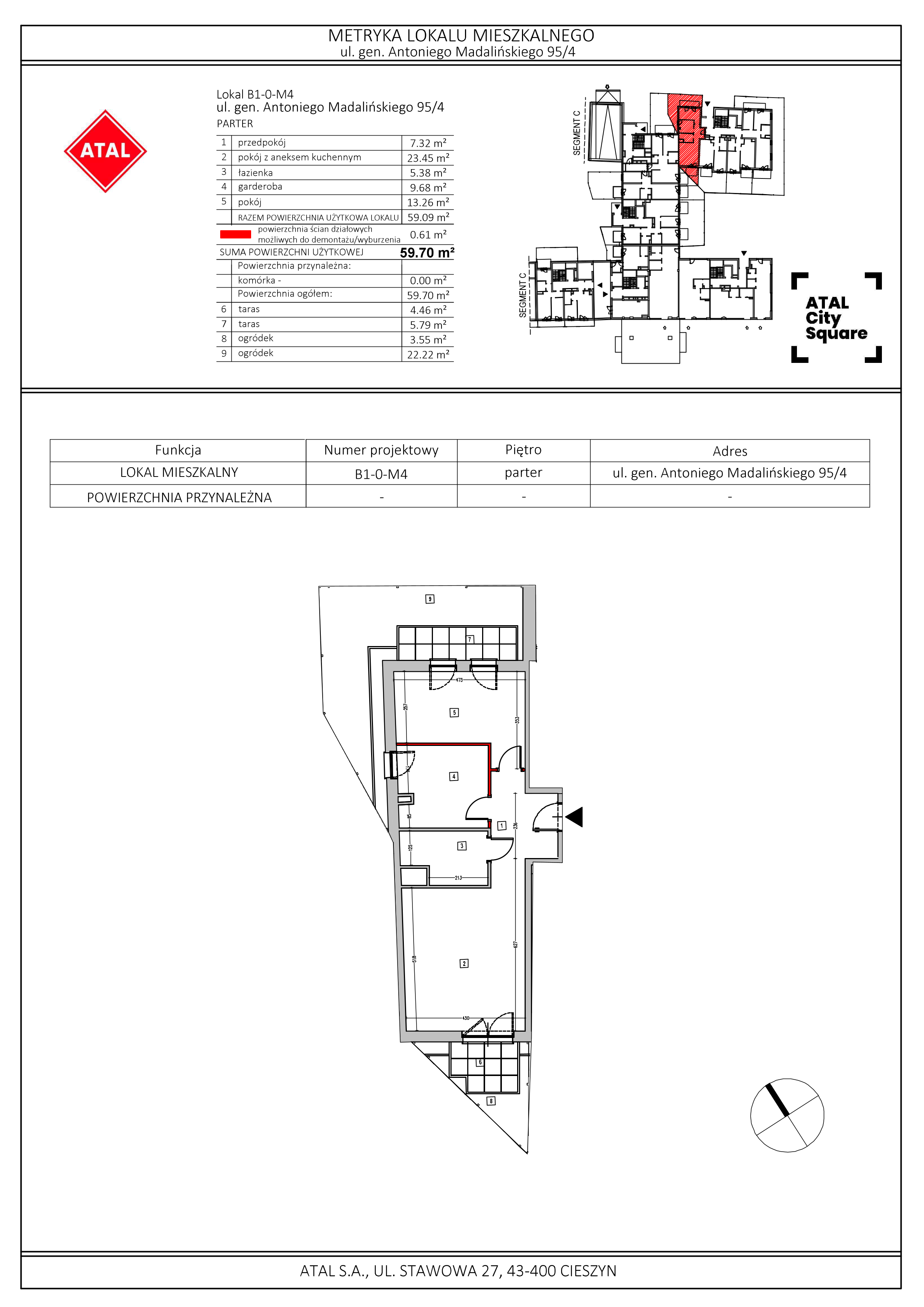 Apartament 59,70 m², parter, oferta nr B1-0-M4, ATAL City Square, Wrocław, Przedmieście Oławskie, Krzyki, ul. gen. Kazimierza Pułaskiego-idx