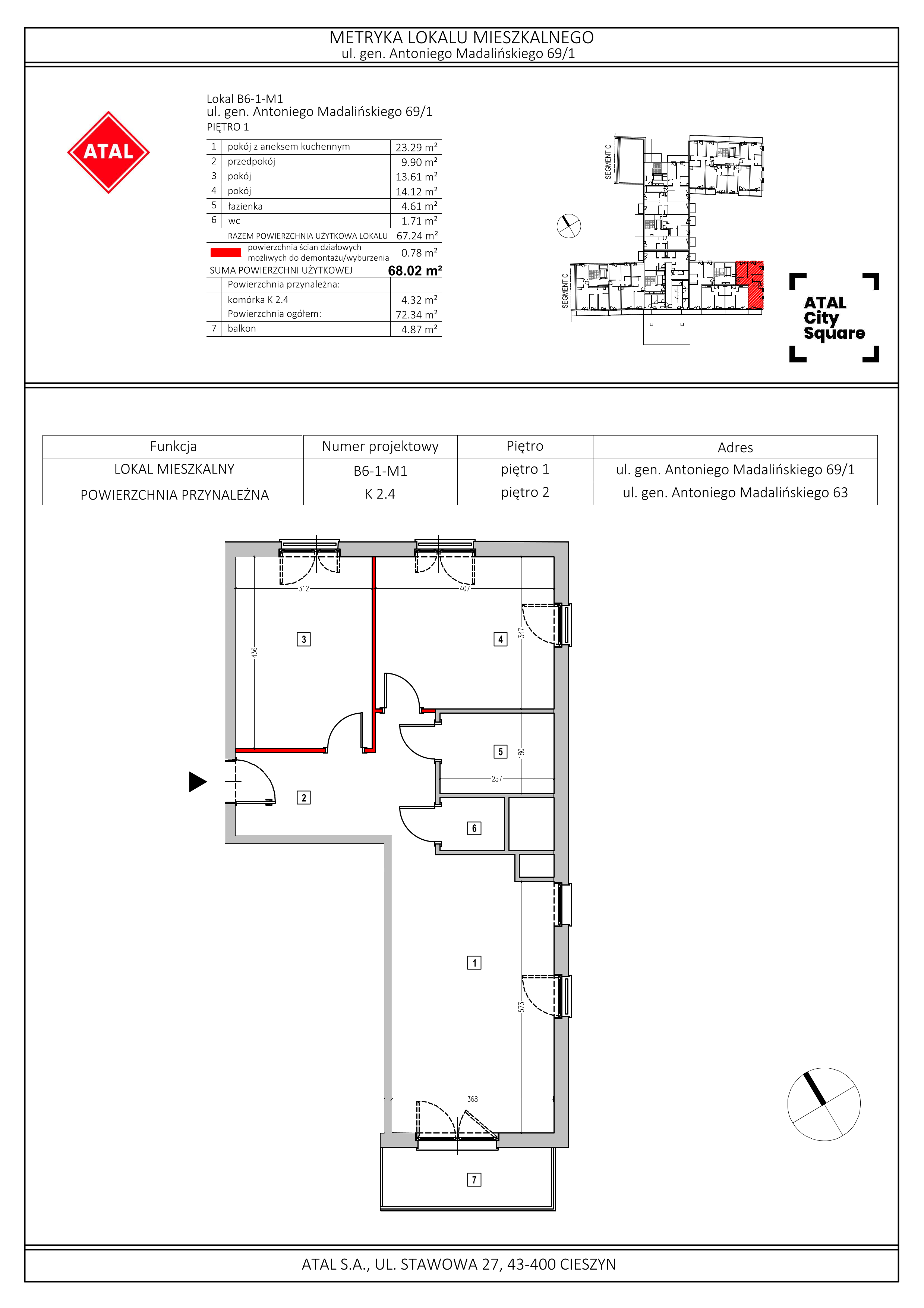 Mieszkanie 68,02 m², piętro 1, oferta nr B6-1-M1, ATAL City Square, Wrocław, Przedmieście Oławskie, Krzyki, ul. gen. Kazimierza Pułaskiego-idx