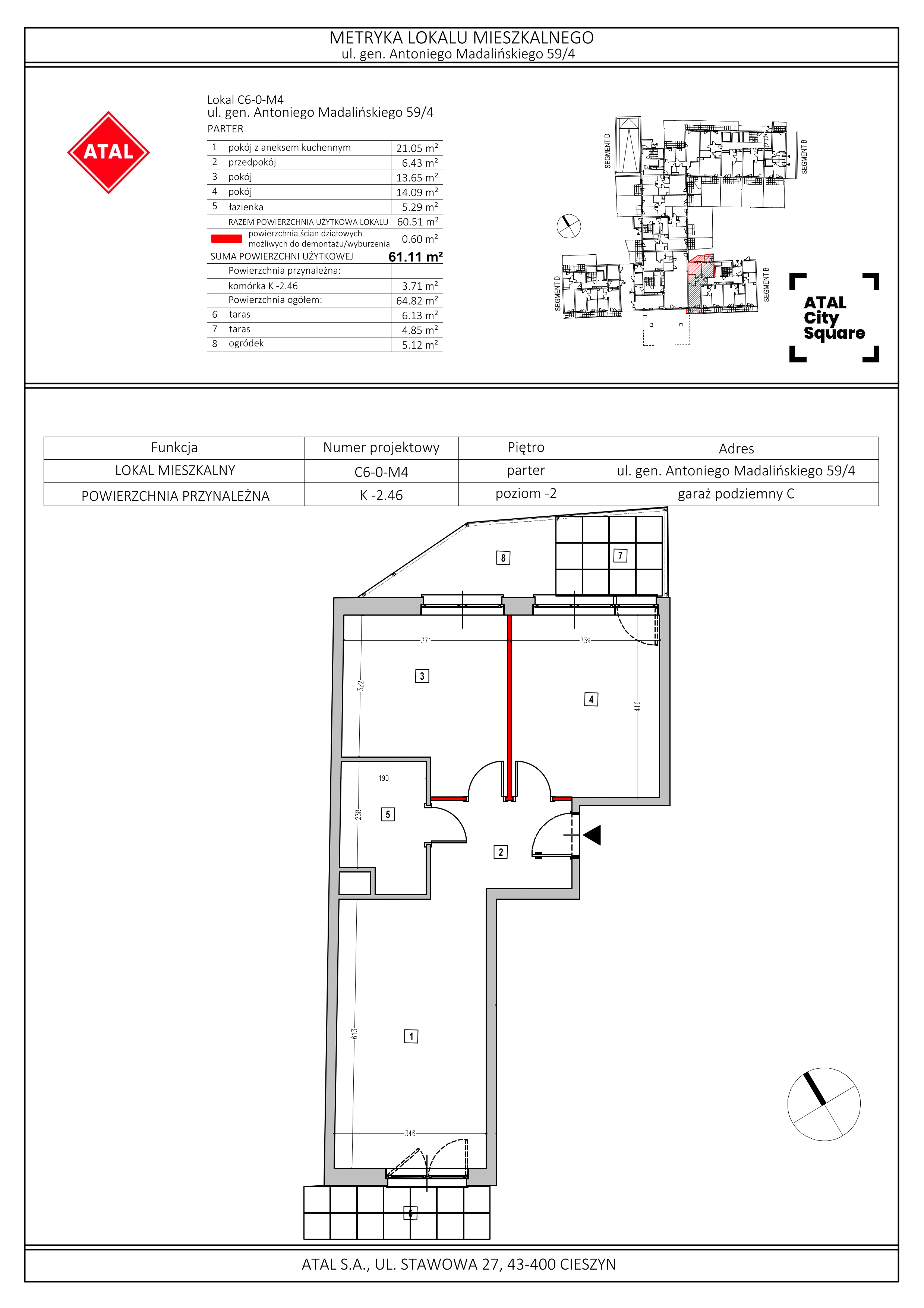 Apartament 61,11 m², parter, oferta nr C6-0-M4, ATAL City Square, Wrocław, Przedmieście Oławskie, Krzyki, ul. gen. Kazimierza Pułaskiego-idx