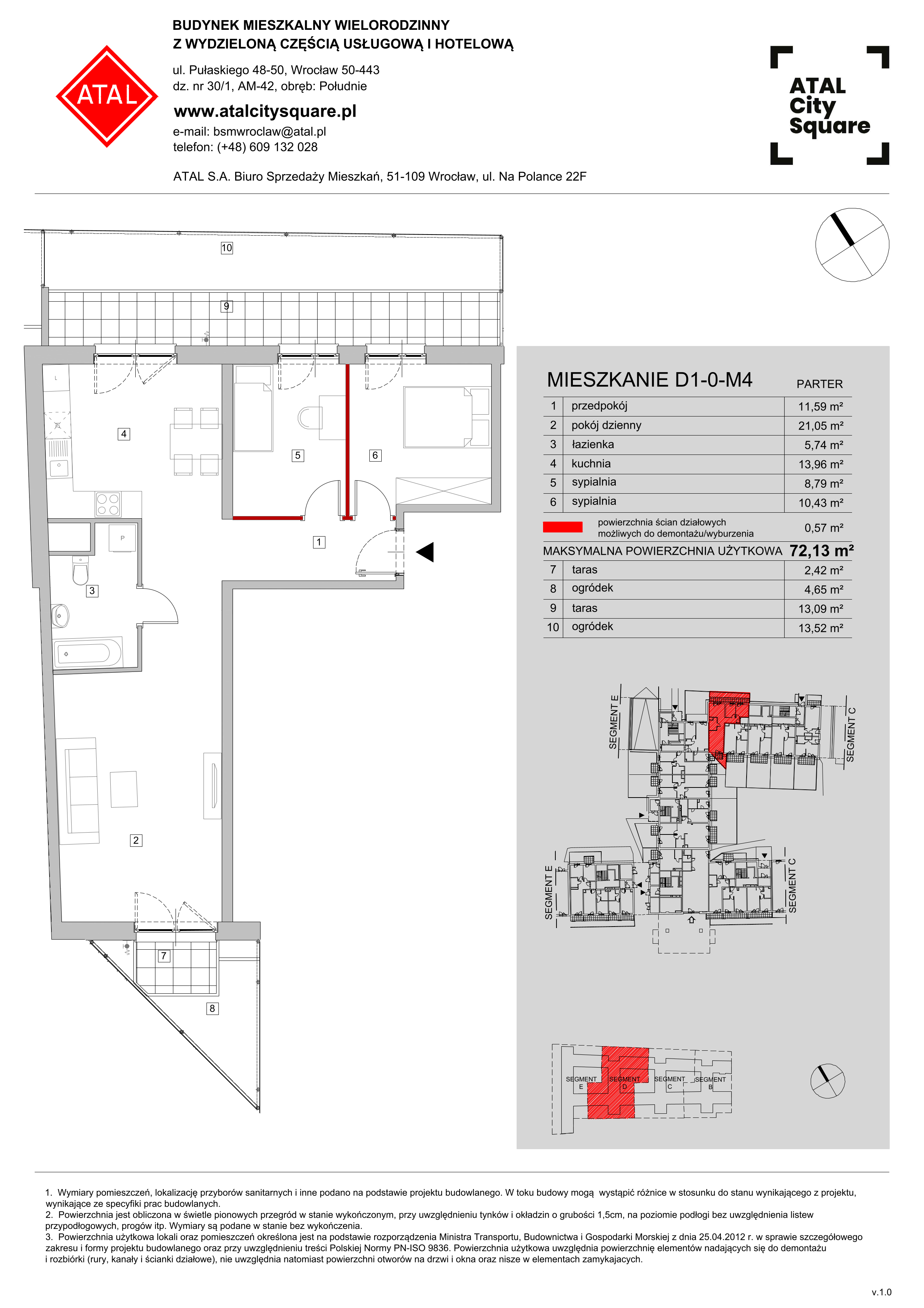 Apartament 72,13 m², parter, oferta nr D1-0-M4, ATAL City Square, Wrocław, Przedmieście Oławskie, Krzyki, ul. gen. Kazimierza Pułaskiego-idx