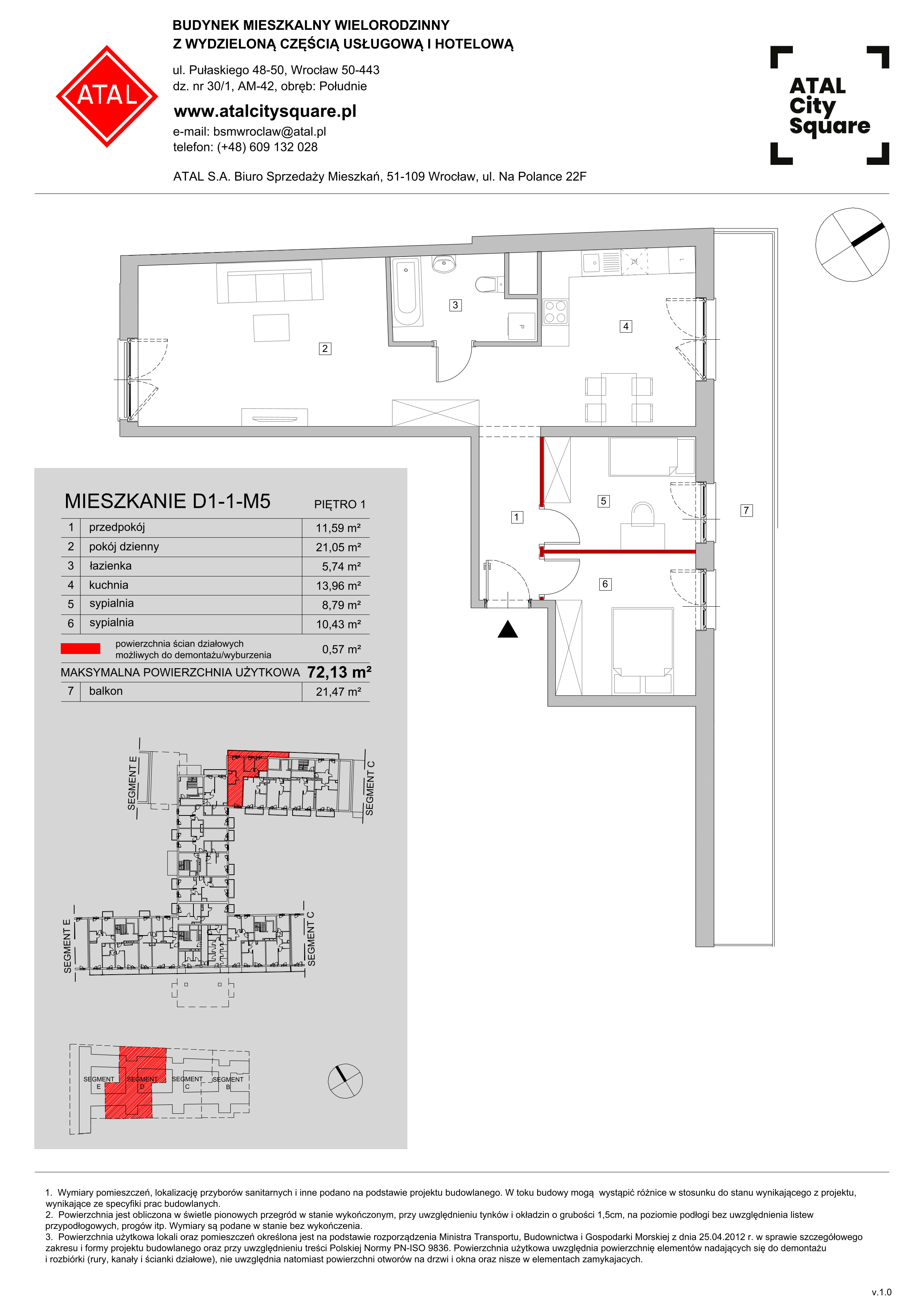 Mieszkanie 72,13 m², piętro 1, oferta nr D1-1-M5, ATAL City Square, Wrocław, Przedmieście Oławskie, Krzyki, ul. gen. Kazimierza Pułaskiego-idx