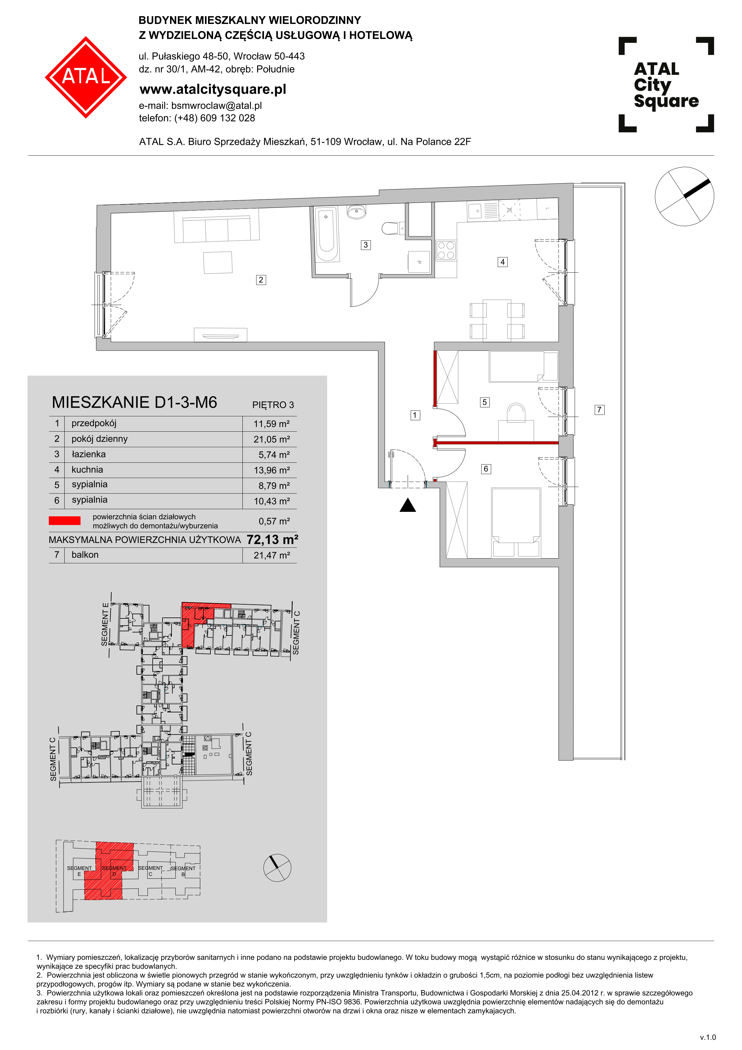 Apartament 72,13 m², piętro 3, oferta nr D1-3-M6, ATAL City Square, Wrocław, Przedmieście Oławskie, Krzyki, ul. gen. Kazimierza Pułaskiego-idx