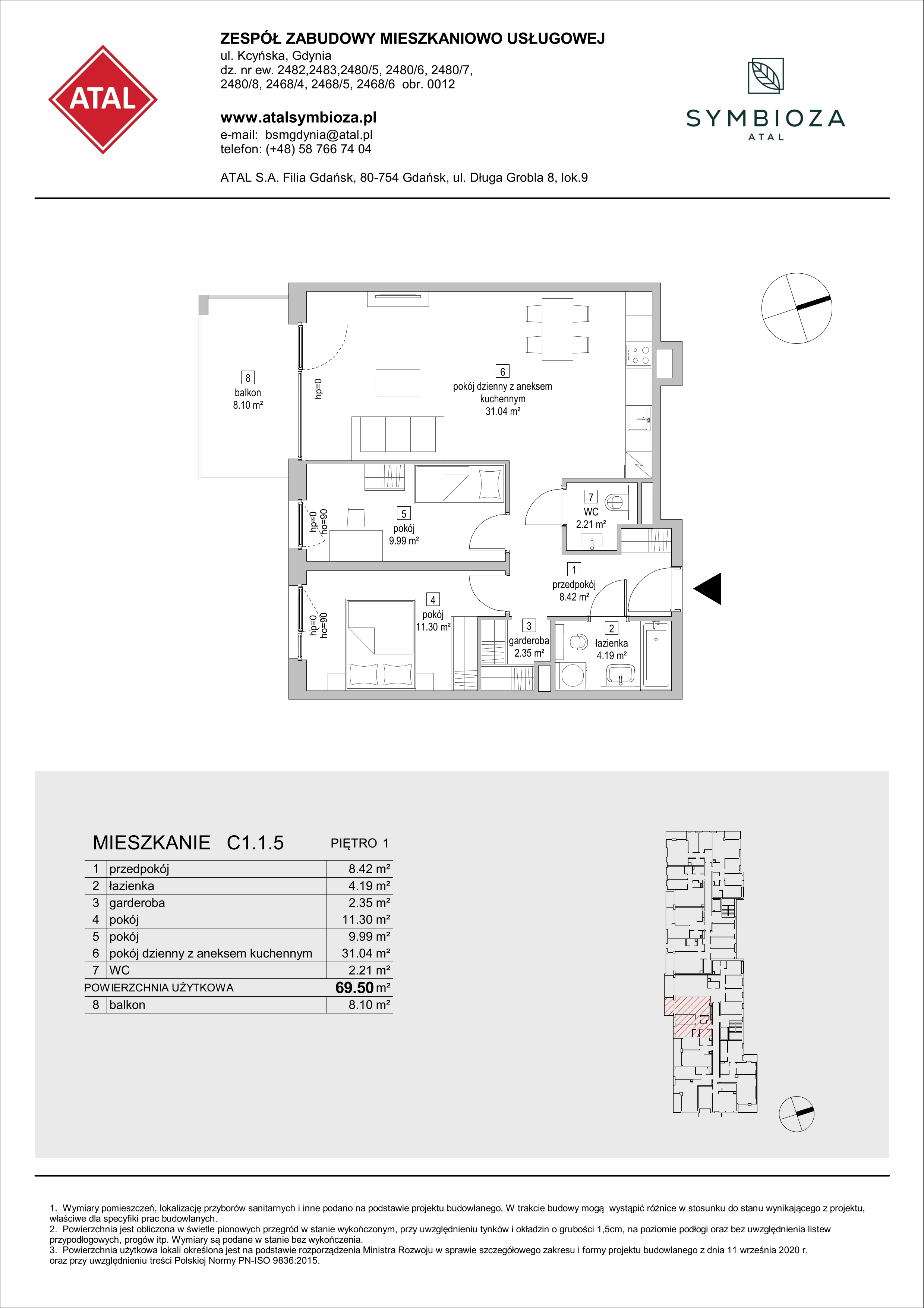 Mieszkanie 69,50 m², piętro 1, oferta nr C1.1.5, ATAL Symbioza, Gdynia, Cisowa, ul. Kcyńska-idx