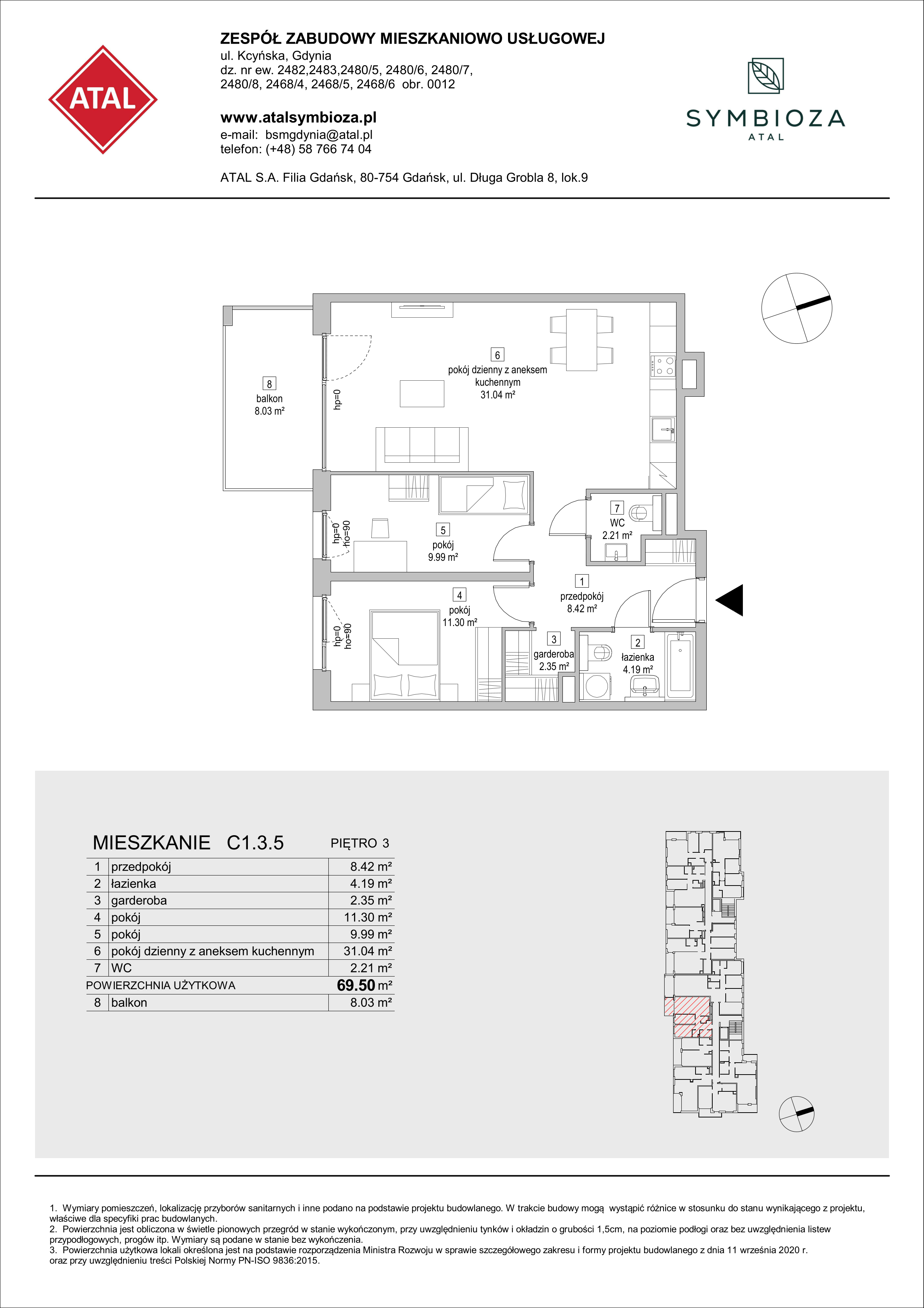 Mieszkanie 69,50 m², piętro 3, oferta nr C1.3.5, ATAL Symbioza, Gdynia, Cisowa, ul. Kcyńska-idx