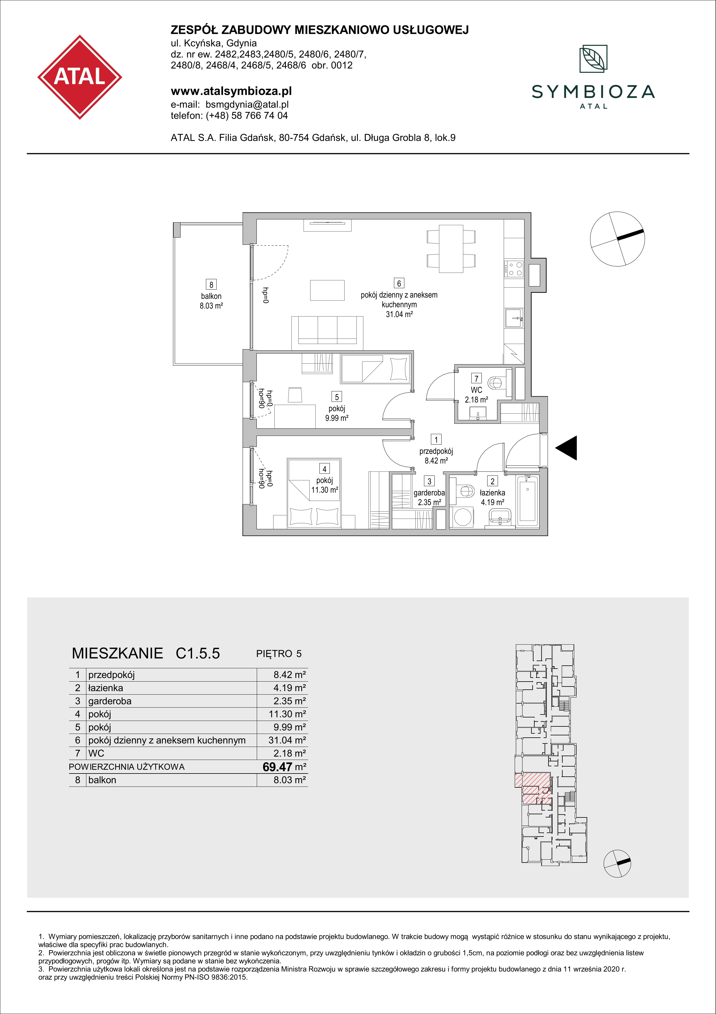 Mieszkanie 69,47 m², piętro 5, oferta nr C1.5.5, ATAL Symbioza, Gdynia, Cisowa, ul. Kcyńska-idx