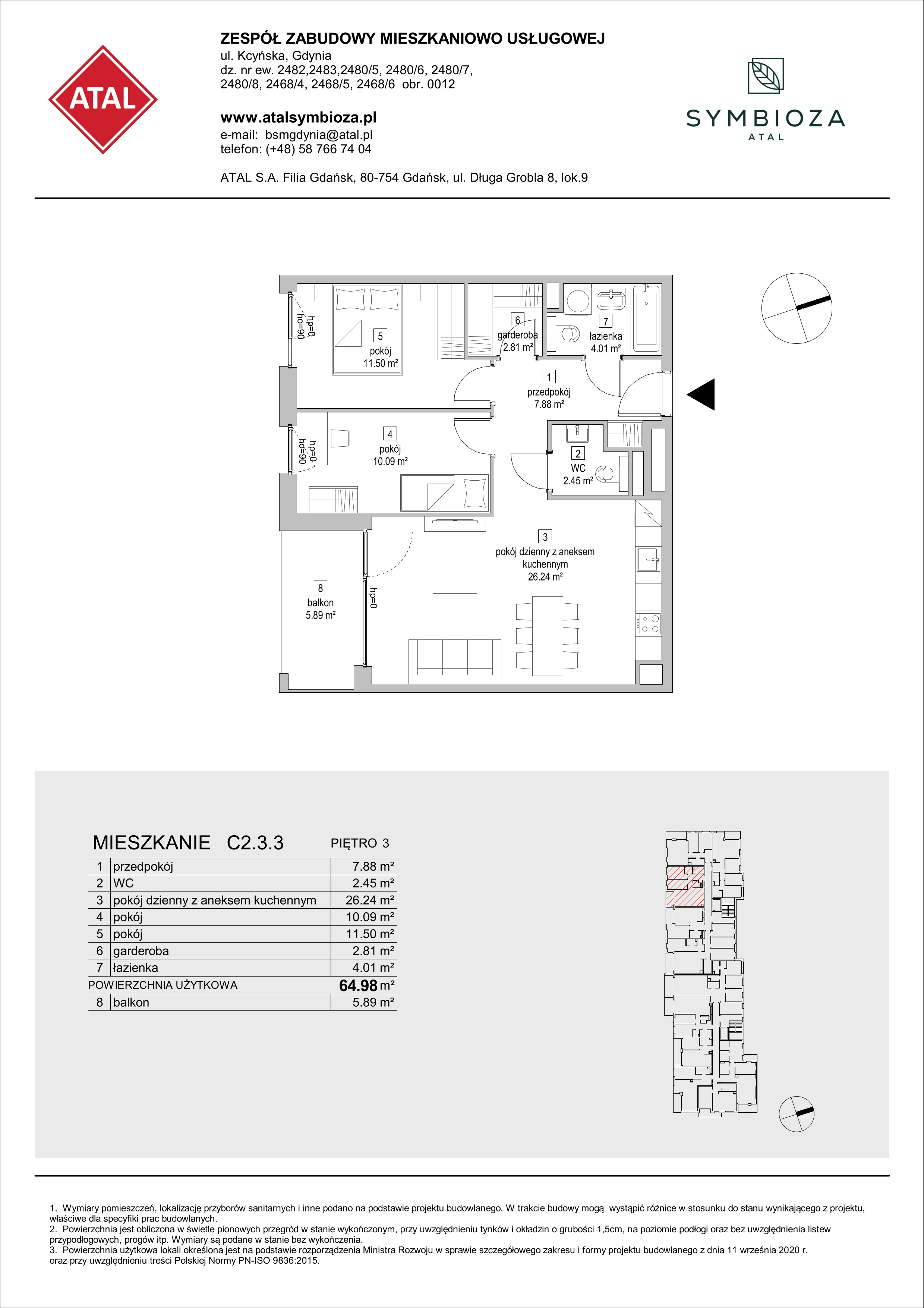 Mieszkanie 64,96 m², piętro 3, oferta nr C2.3.3, ATAL Symbioza, Gdynia, Cisowa, ul. Kcyńska-idx