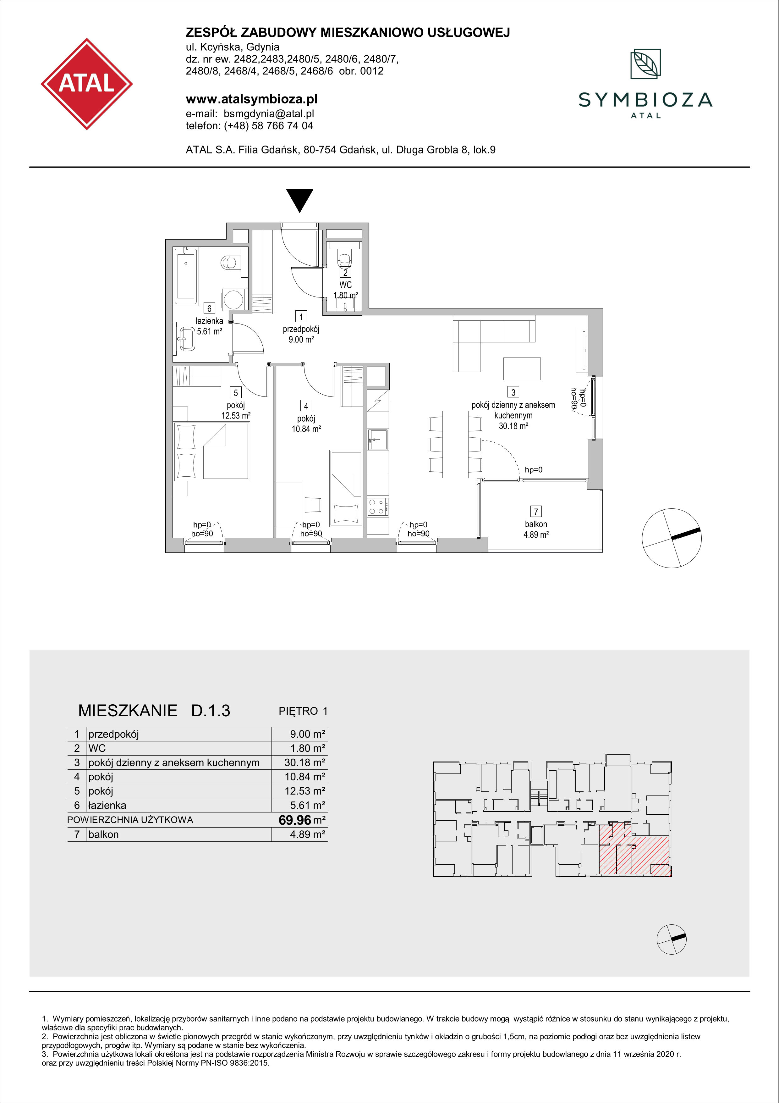 Mieszkanie 69,96 m², piętro 1, oferta nr D.1.3, ATAL Symbioza, Gdynia, Cisowa, ul. Kcyńska-idx