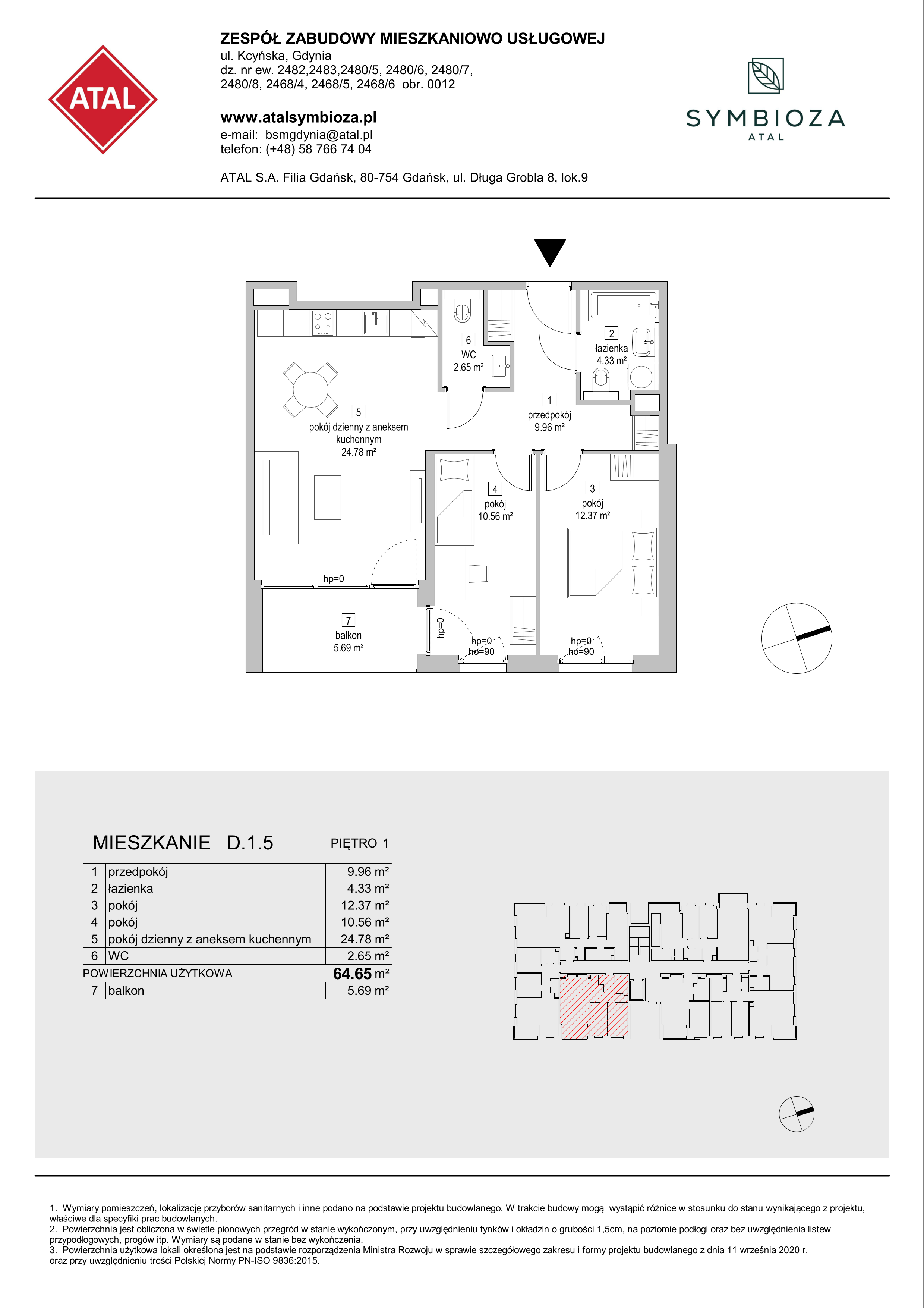 Mieszkanie 64,65 m², piętro 1, oferta nr D.1.5, ATAL Symbioza, Gdynia, Cisowa, ul. Kcyńska-idx