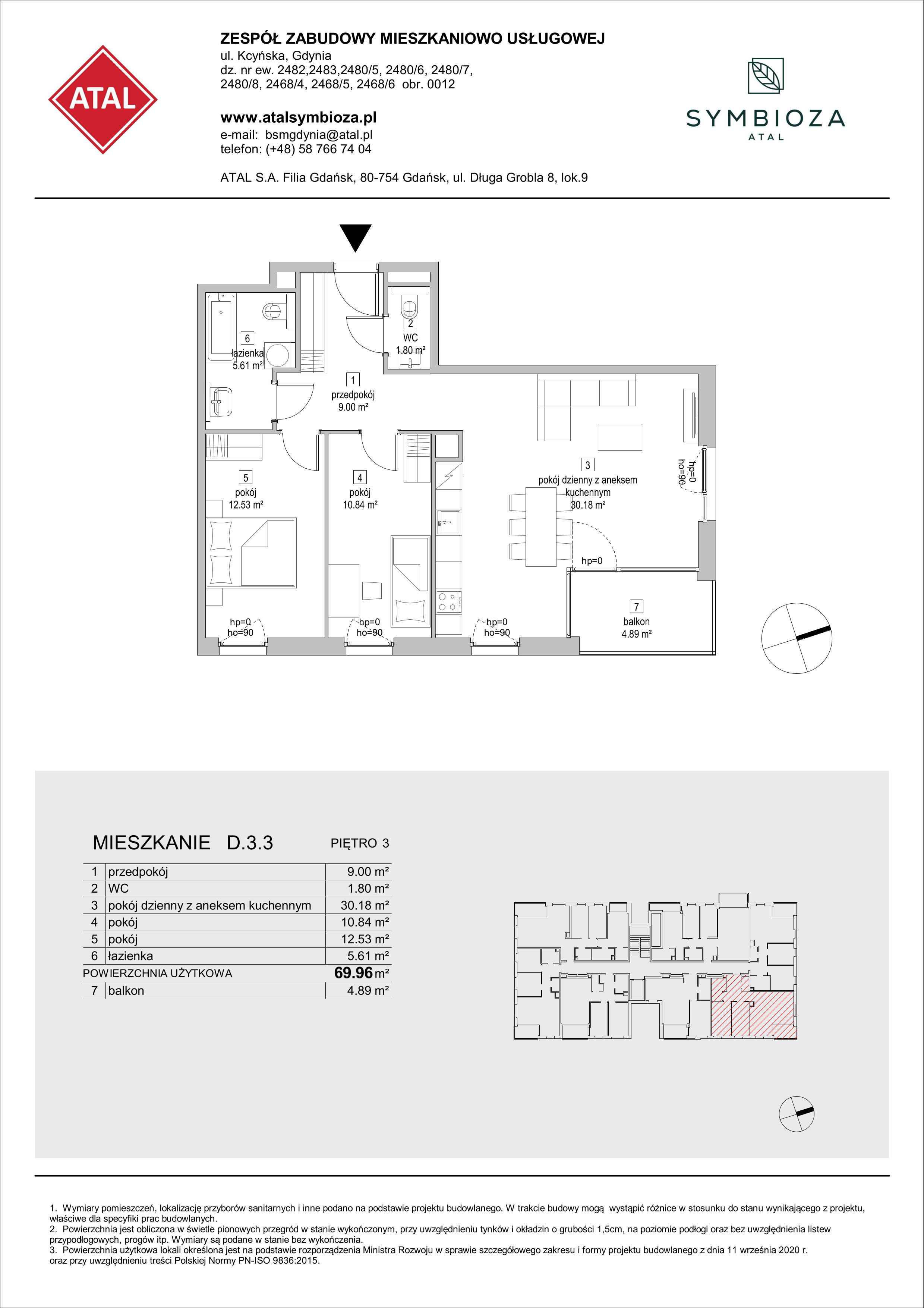 Mieszkanie 69,96 m², piętro 3, oferta nr D.3.3, ATAL Symbioza, Gdynia, Cisowa, ul. Kcyńska-idx