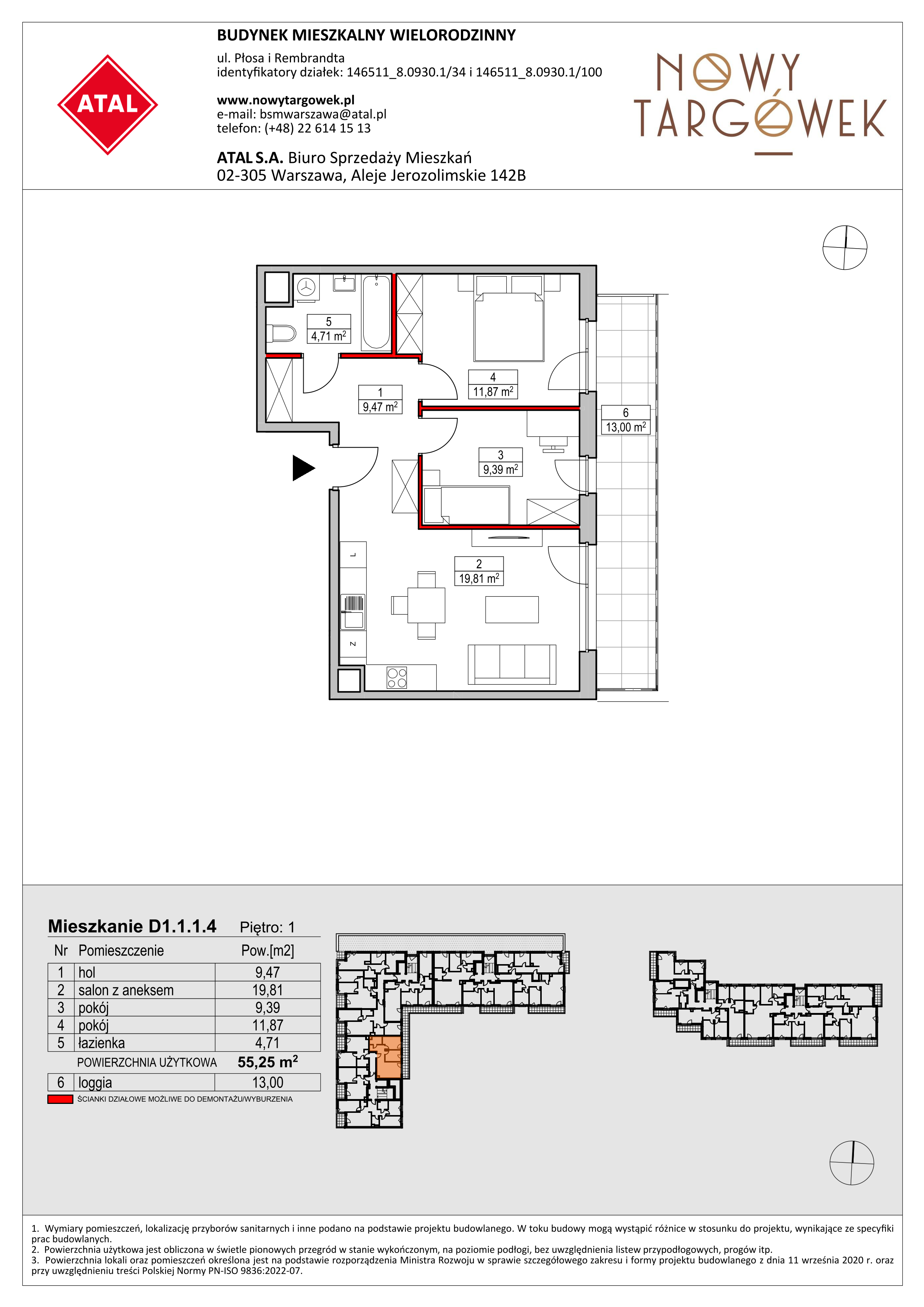 Mieszkanie 55,25 m², piętro 1, oferta nr D1.1.1.4, Nowy Targówek VI, Warszawa, Targówek, Targówek Mieszkaniowy, ul. Płosa 8-idx