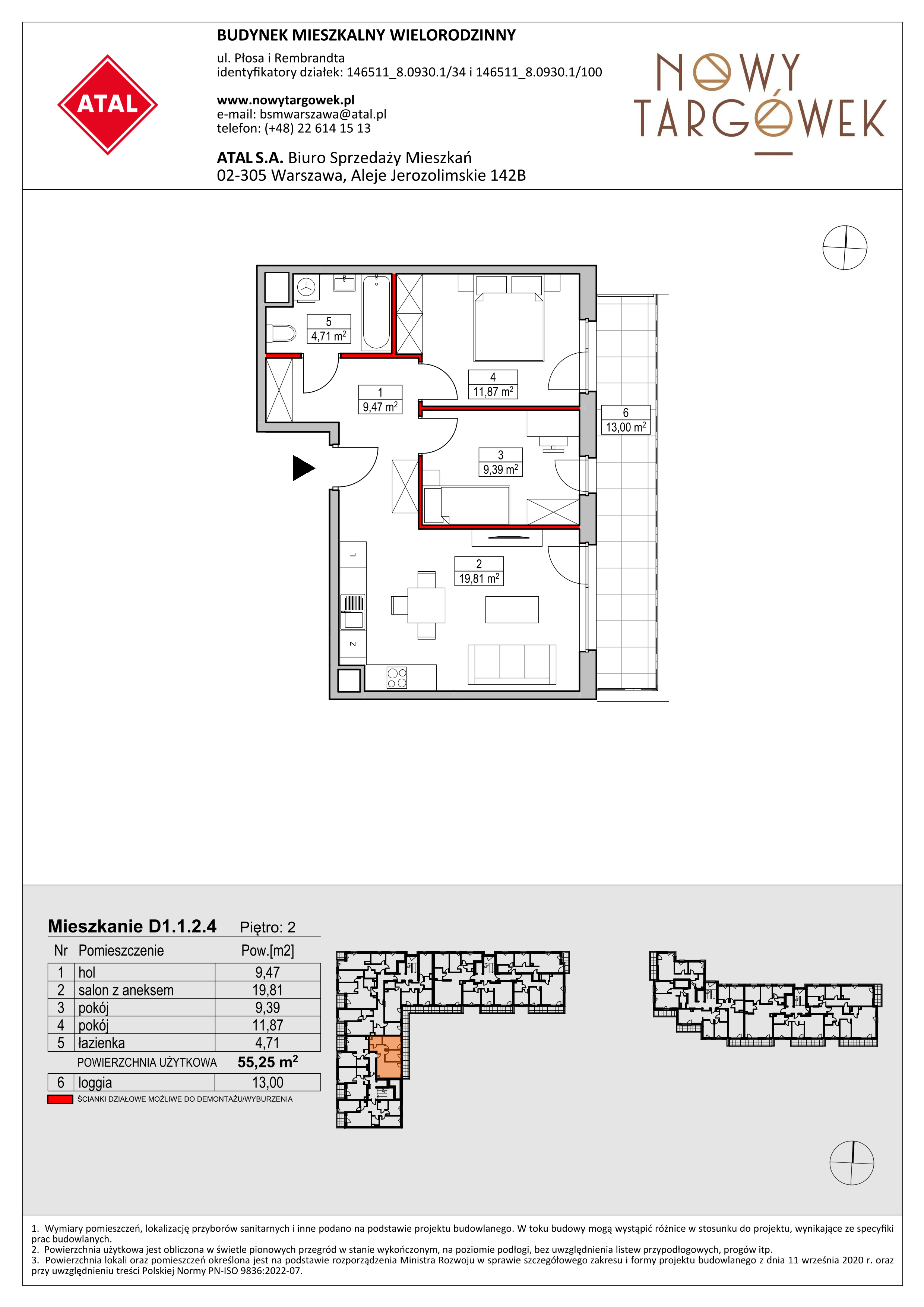 Mieszkanie 55,25 m², piętro 2, oferta nr D1.1.2.4, Nowy Targówek VI, Warszawa, Targówek, Targówek Mieszkaniowy, ul. Płosa 8-idx