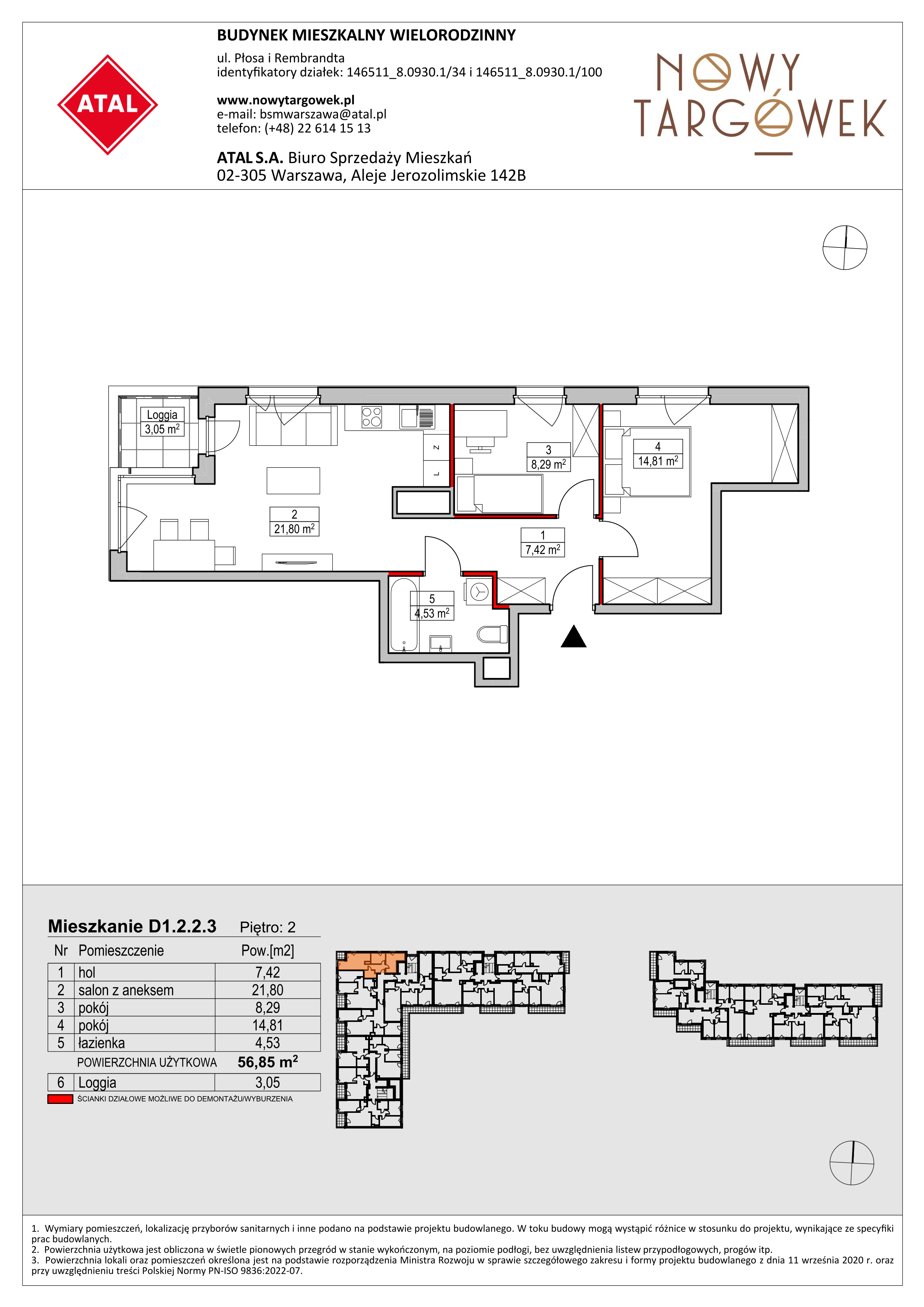 Mieszkanie 56,85 m², piętro 2, oferta nr D1.2.2.3, Nowy Targówek VI, Warszawa, Targówek, Targówek Mieszkaniowy, ul. Płosa 8-idx