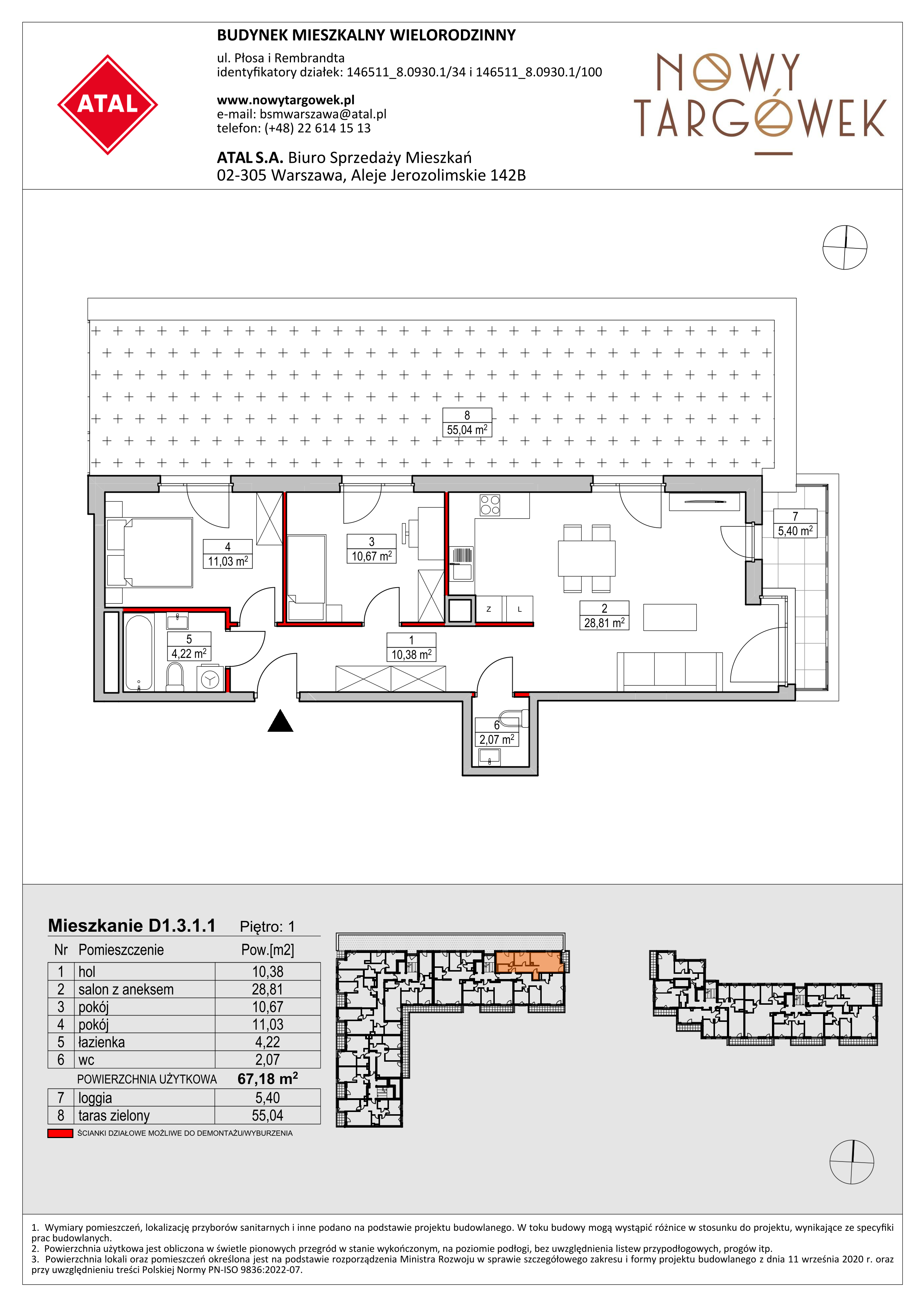 Mieszkanie 67,18 m², piętro 1, oferta nr D1.3.1.1, Nowy Targówek VI, Warszawa, Targówek, Targówek Mieszkaniowy, ul. Płosa 8-idx