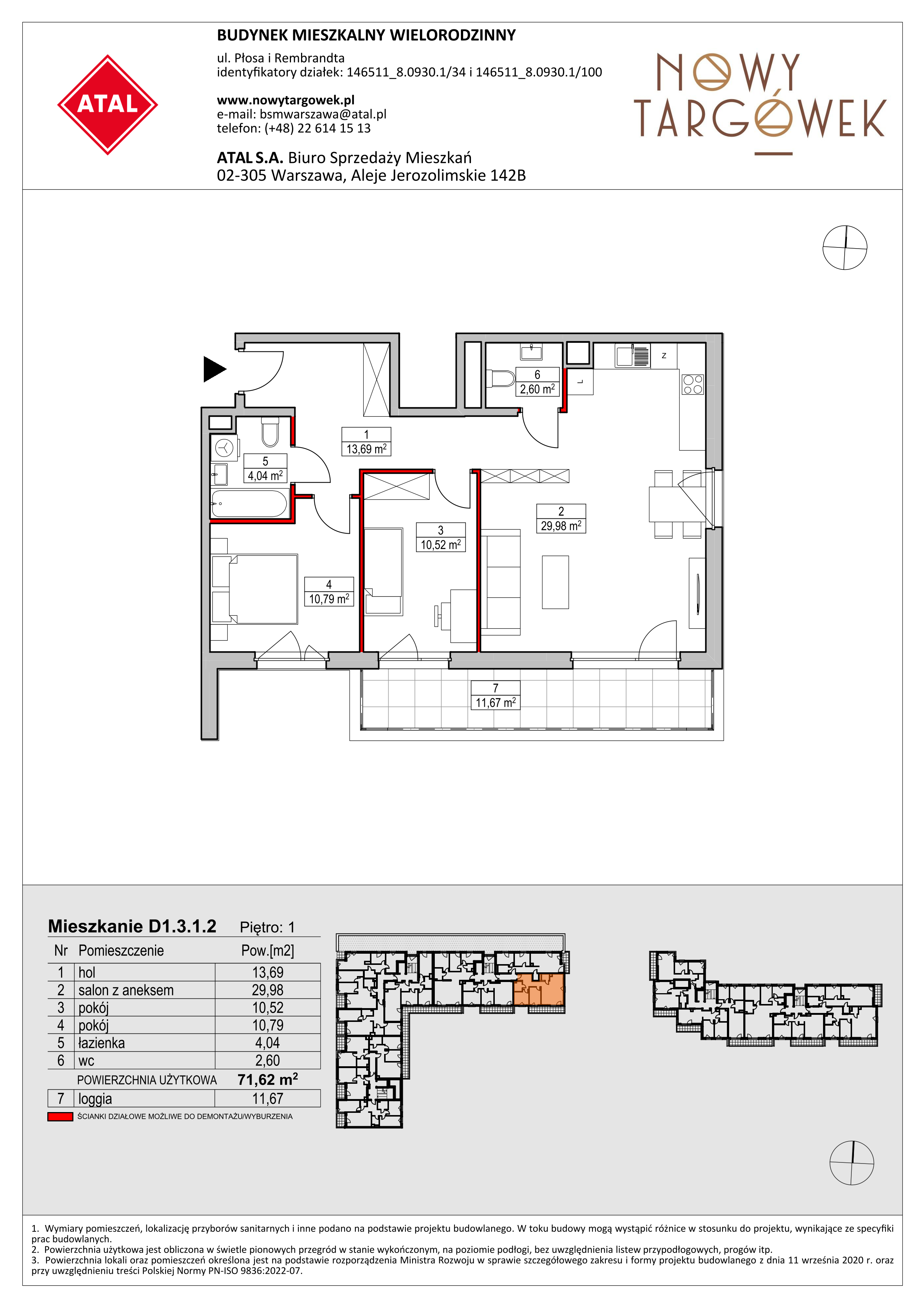 Mieszkanie 71,62 m², piętro 1, oferta nr D1.3.1.2, Nowy Targówek VI, Warszawa, Targówek, Targówek Mieszkaniowy, ul. Płosa 8-idx