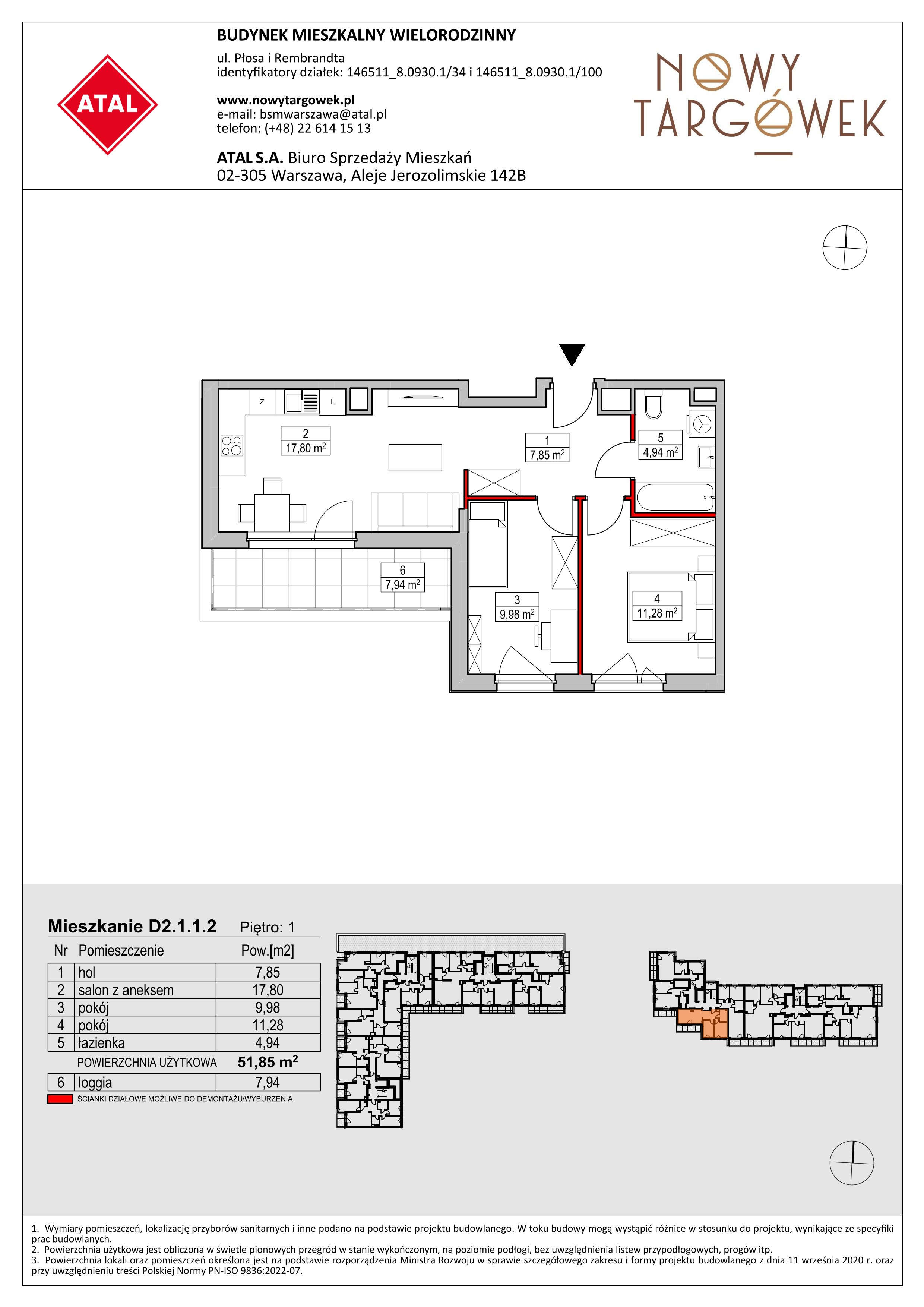 Mieszkanie 51,85 m², piętro 1, oferta nr D2.1.1.2, Nowy Targówek VI, Warszawa, Targówek, Targówek Mieszkaniowy, ul. Płosa 8-idx